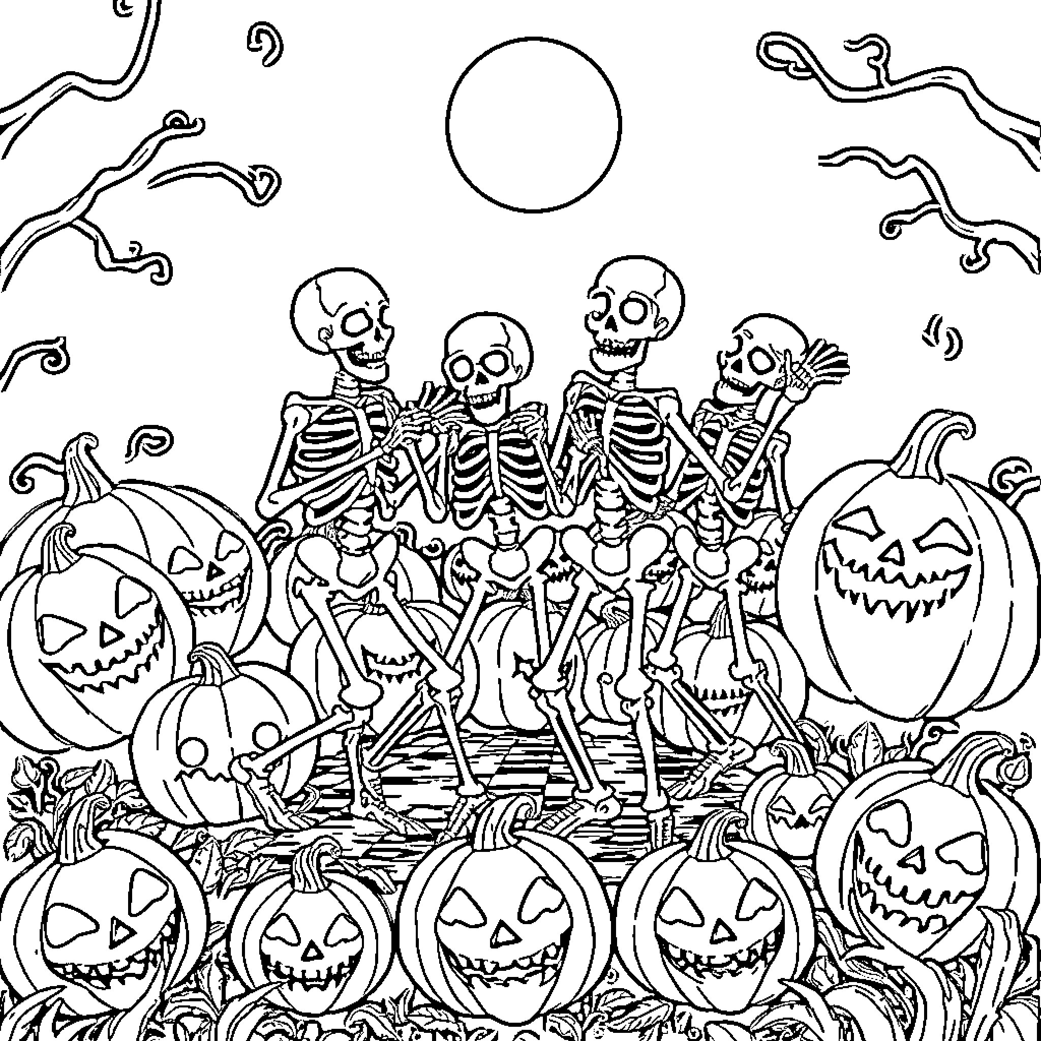 Skeleton Skeletons Dancing Merrily with Carved Pumpkins Coloring Page (free black-and-white line drawing printable PDF for all, from beginners to advanced learners, including children, teens, adults, and seniors)