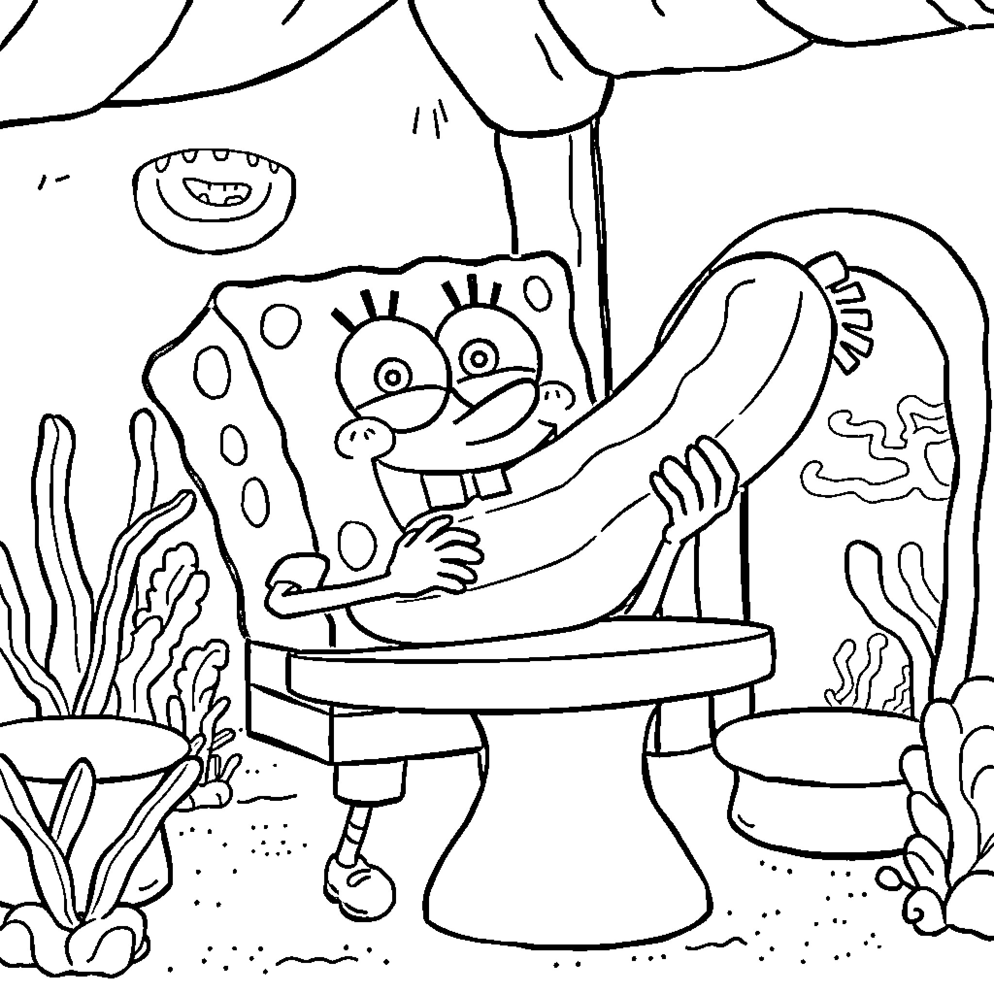Spongebob Relaxing in Underwater Home Coloring Page (free black-and-white line drawing printable PDF for all, from beginners to advanced learners, including children, teens, adults, and seniors)