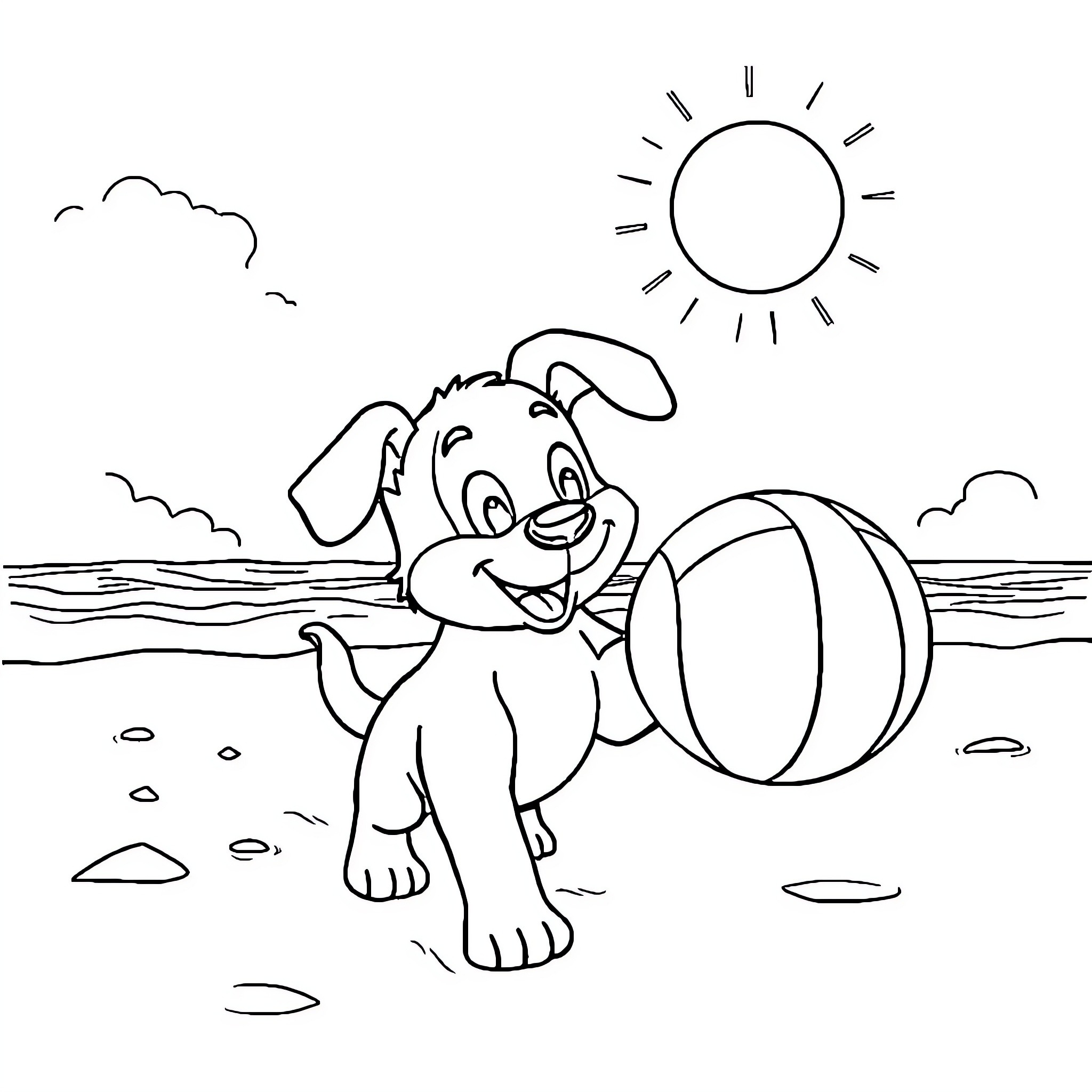 Bluey playing joyfully with beach ball on sunny day Coloring Page (free black-and-white line drawing printable PDF for all, from beginners to advanced learners, including children, teens, adults, and seniors)