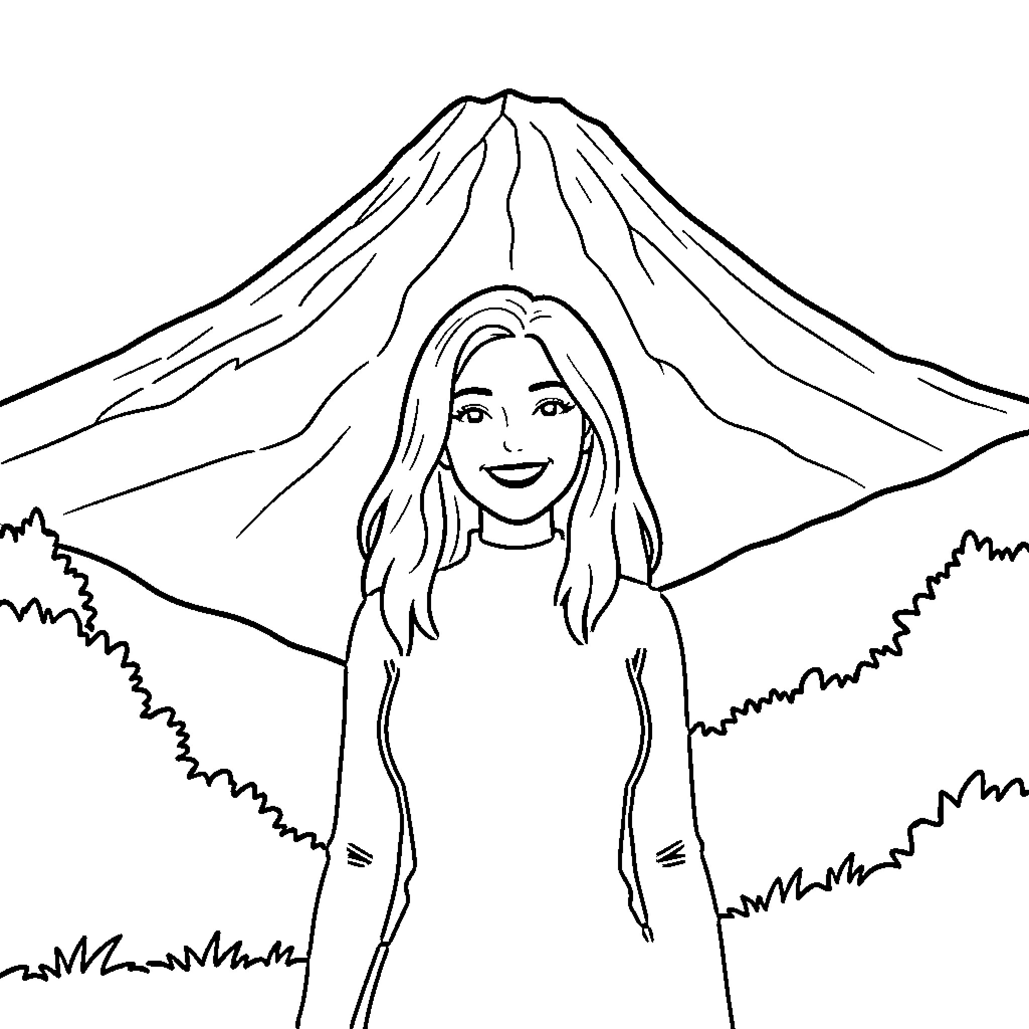 Woman enjoying the scenic view of a mountain landscape Coloring Page (free black-and-white line drawing printable PDF for all, from beginners to advanced learners, including children, teens, adults, and seniors)