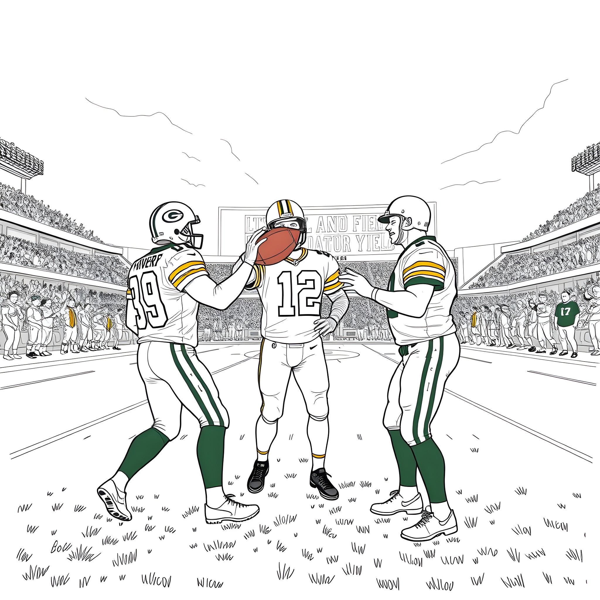 Football players celebrating on the field Coloring Page (free black-and-white line drawing printable PDF for all, from beginners to advanced learners, including children, teens, adults, and seniors)