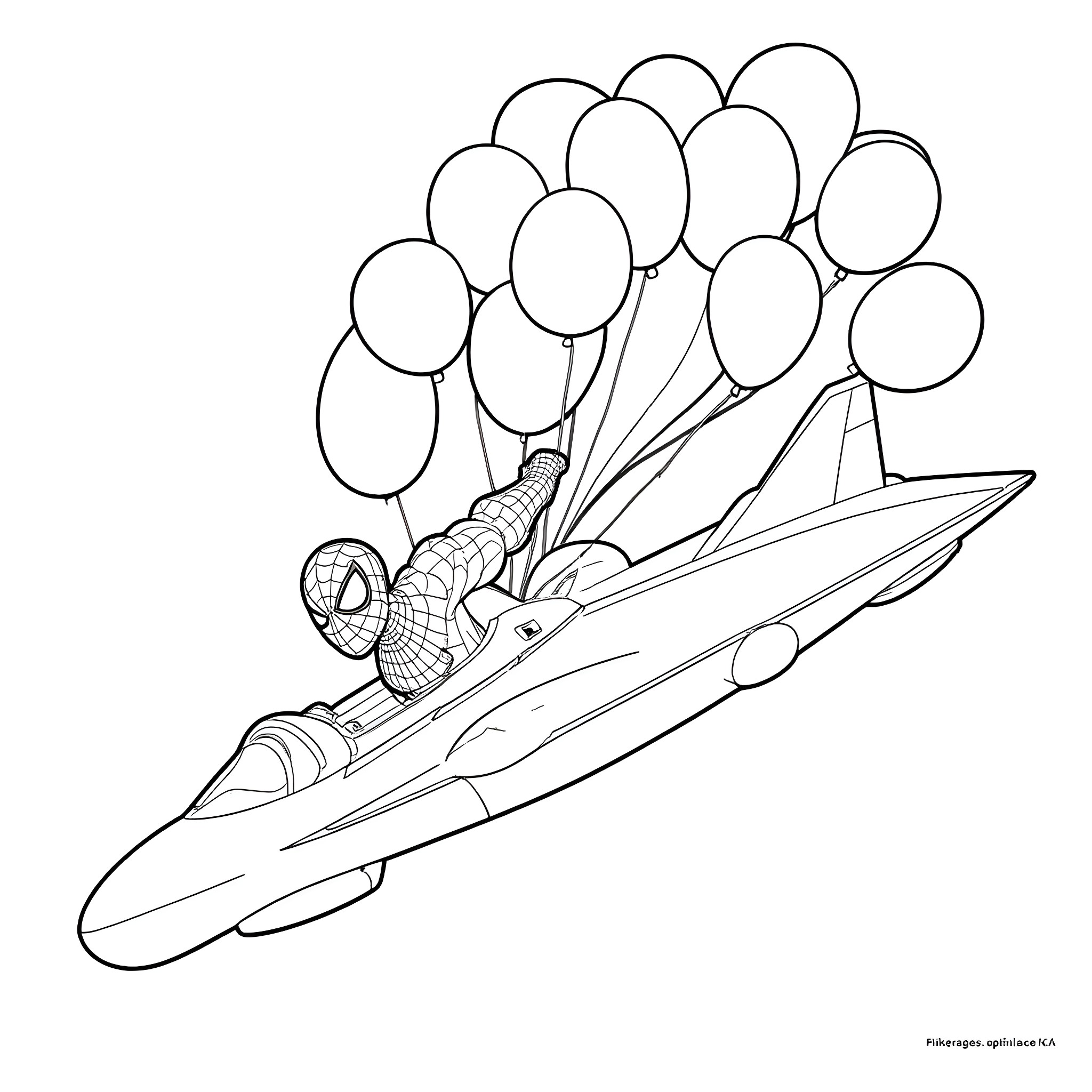 Spider-Man floating with balloons on an airplane Coloring Page (free black-and-white line drawing printable PDF for all, from beginners to advanced learners, including children, teens, adults, and seniors)