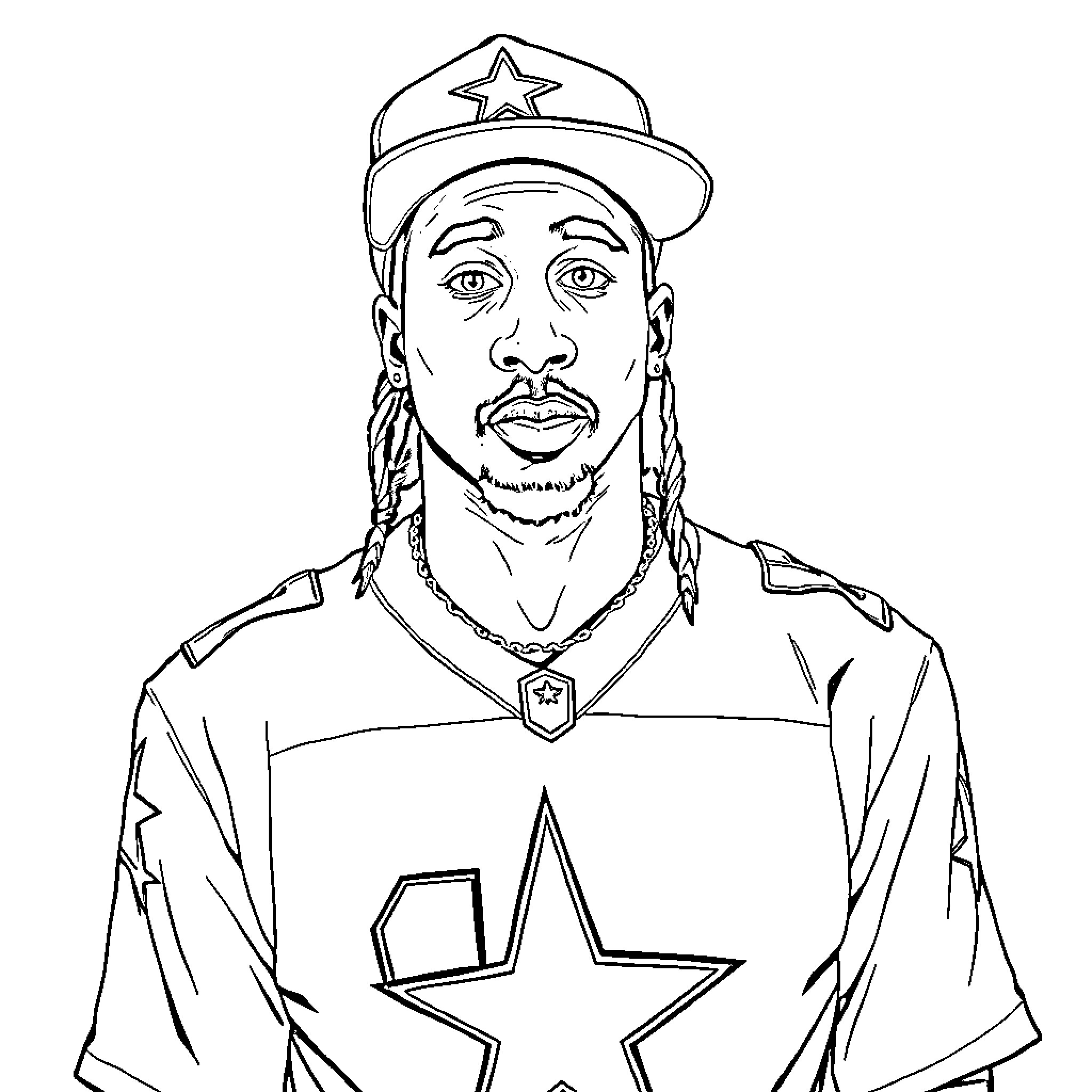2pac posing in star-emblazoned uniform Coloring Page (free black-and-white line drawing printable PDF for all, from beginners to advanced learners, including children, teens, adults, and seniors)