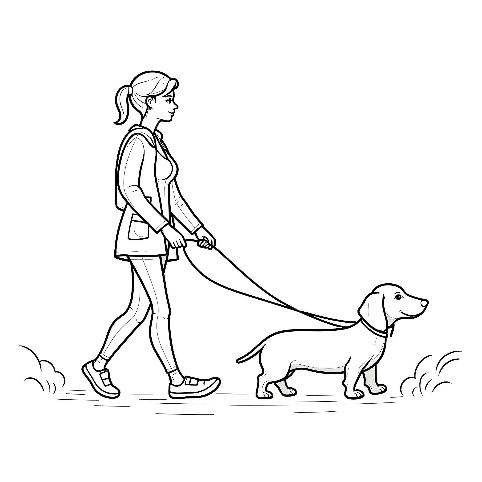 Woman walking her dog outdoors Coloring Page (free black-and-white line drawing printable PDF for all, from beginners to advanced learners, including children, teens, adults, and seniors)