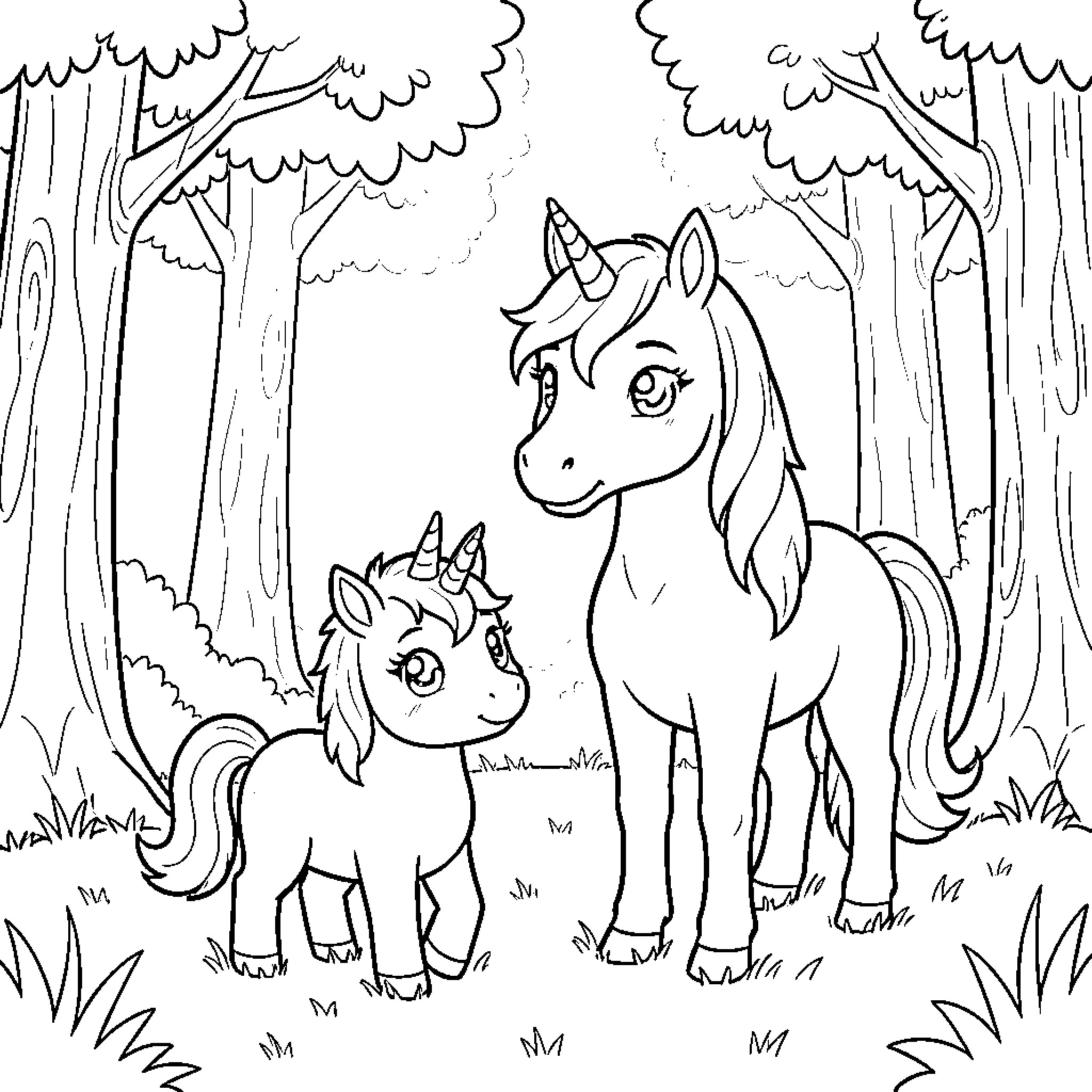Unicorns standing together in a peaceful forest Coloring Page (free black-and-white line drawing printable PDF for all, from beginners to advanced learners, including children, teens, adults, and seniors)