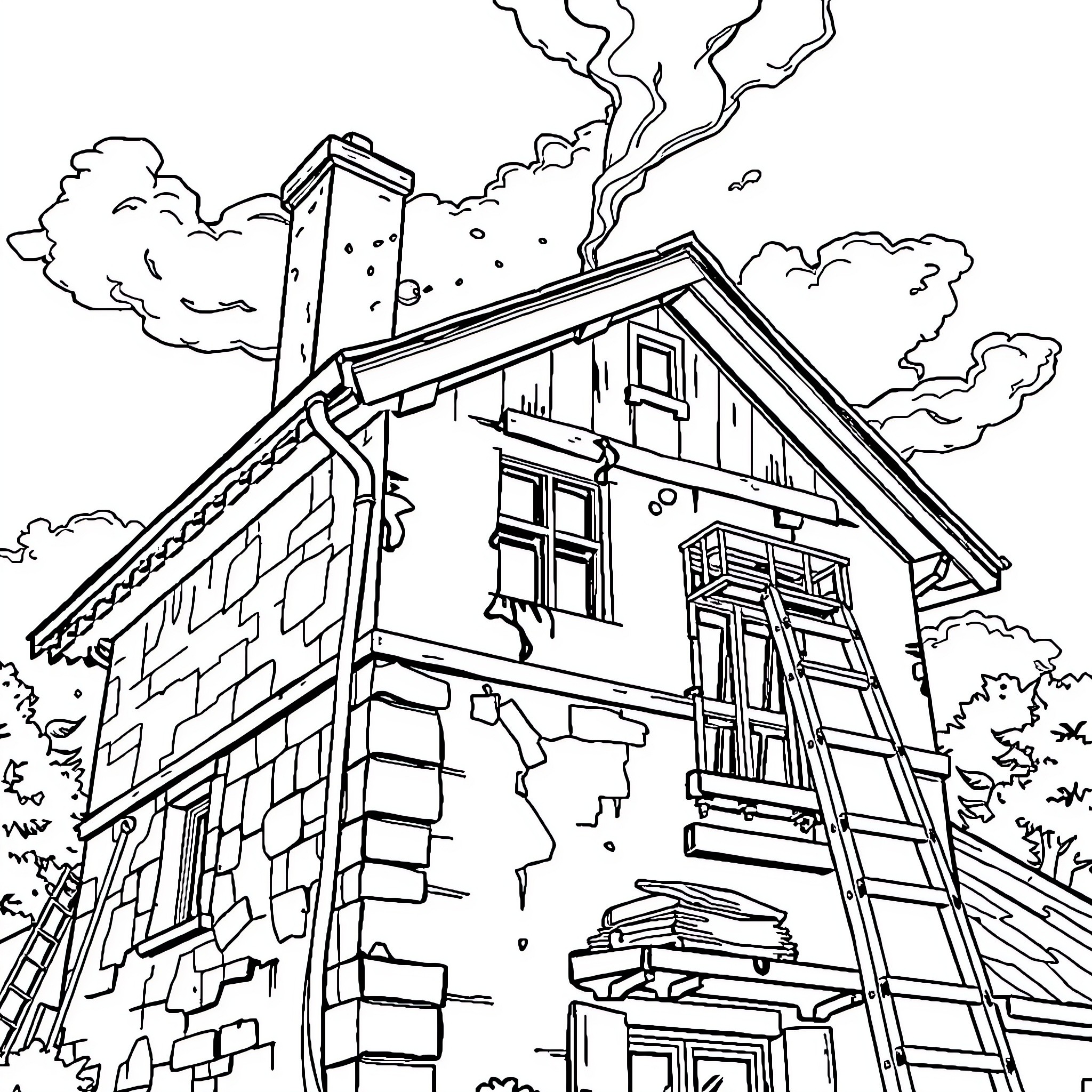 Toiture: Smoke billowing from an old wooden house Coloring Page (free black-and-white line drawing printable PDF for all, from beginners to advanced learners, including children, teens, adults, and seniors)