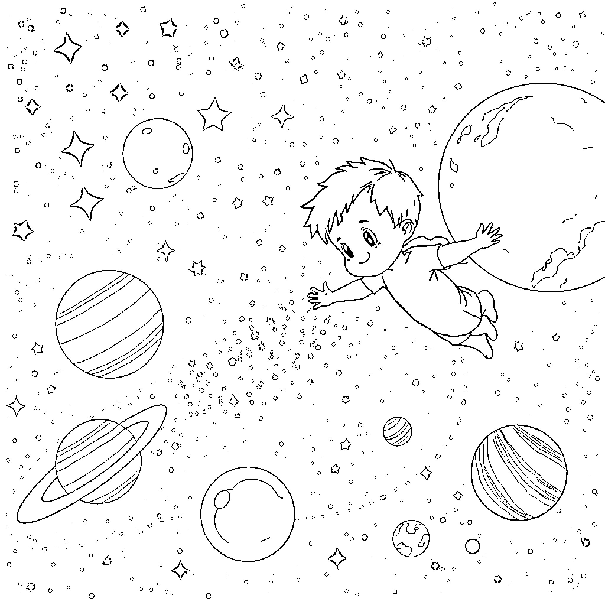 Boy exploring the wonders of the universe Coloring Page (free black-and-white line drawing printable PDF for all, from beginners to advanced learners, including children, teens, adults, and seniors)