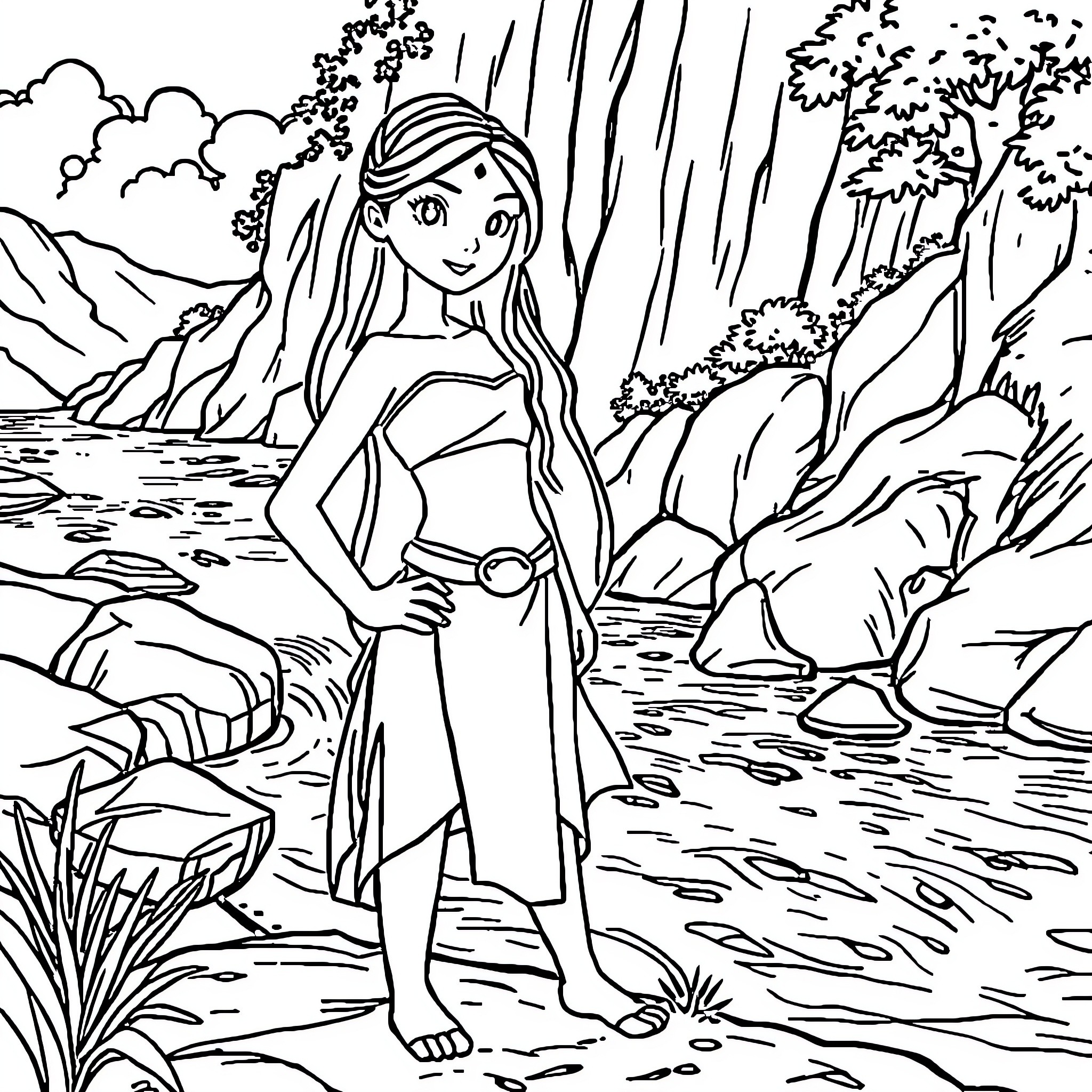 Katara standing confidently in a nature scene Coloring Page (free black-and-white line drawing printable PDF for all, from beginners to advanced learners, including children, teens, adults, and seniors)