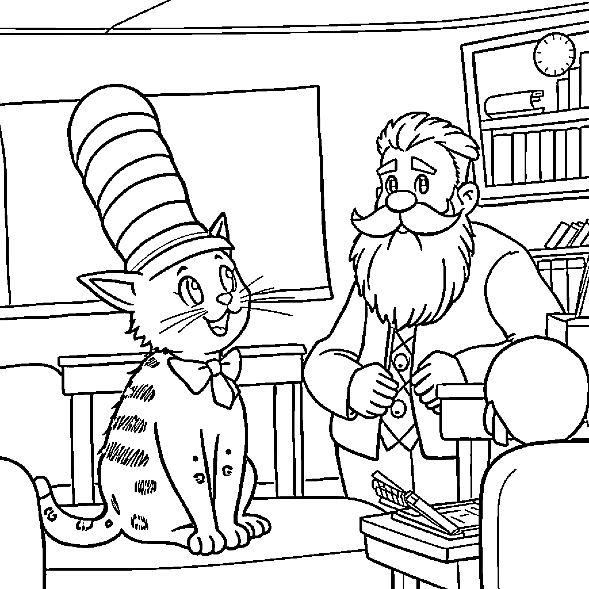 Cat and professor in classroom Coloring Page (free black-and-white line drawing printable PDF for all, from beginners to advanced learners, including children, teens, adults, and seniors)