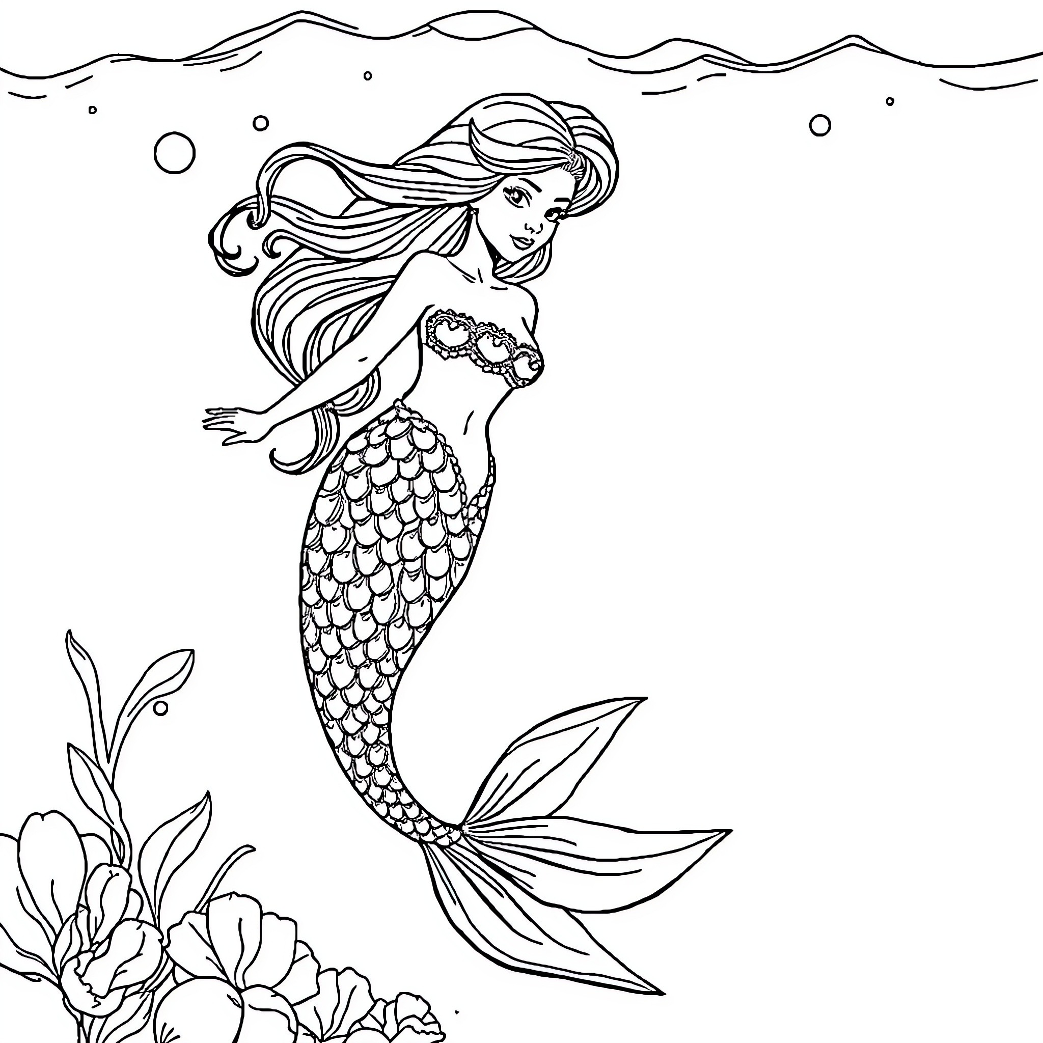 Mermaid swimming gracefully underwater Coloring Page (free black-and-white line drawing printable PDF for all, from beginners to advanced learners, including children, teens, adults, and seniors)