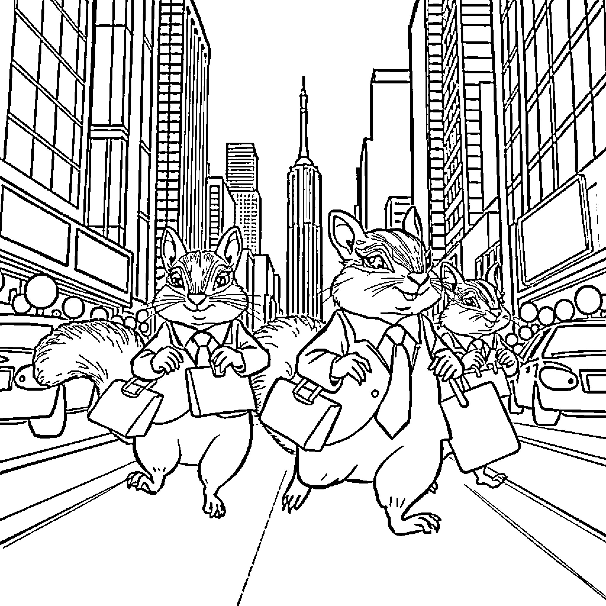 Squirrel adventurers explore the city skyline Coloring Page (free black-and-white line drawing printable PDF for all, from beginners to advanced learners, including children, teens, adults, and seniors)