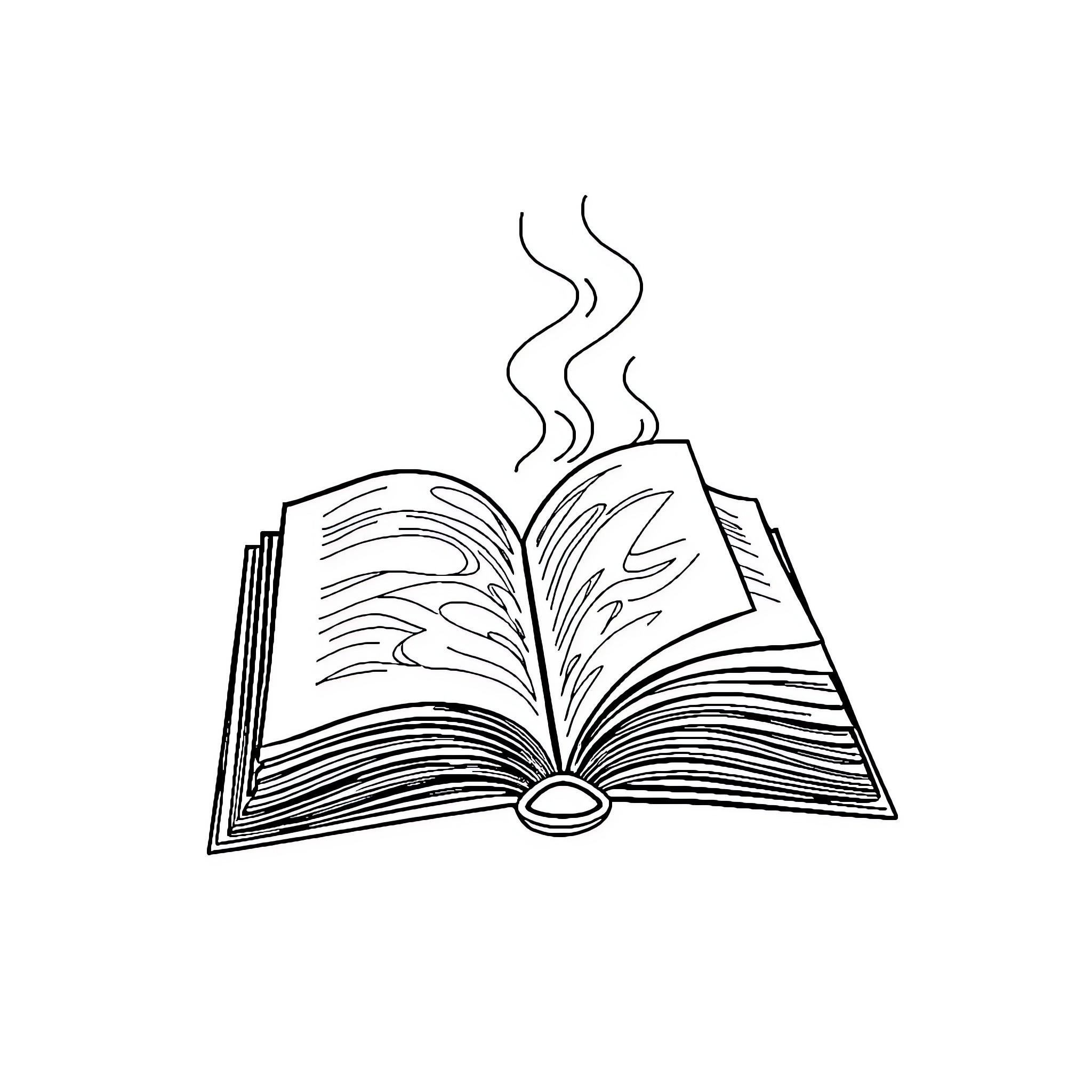 Reading an open book with steam Coloring Page (free black-and-white line drawing printable PDF for all, from beginners to advanced learners, including children, teens, adults, and seniors)