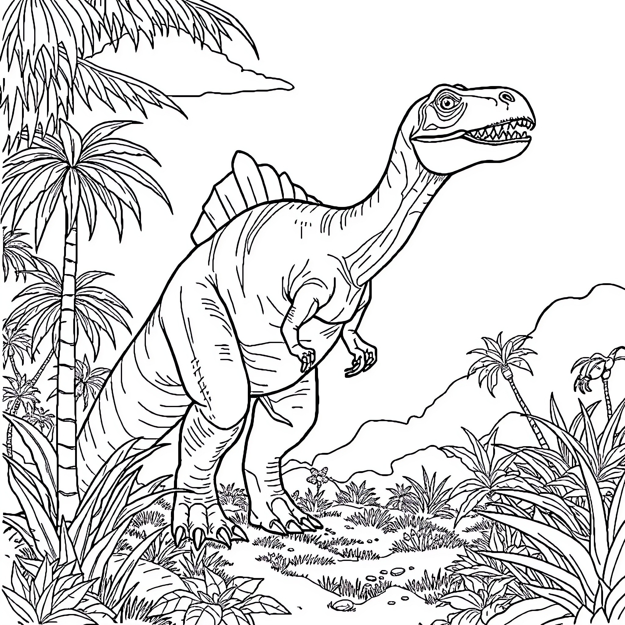Dinosaur exploring tropical jungle landscape Coloring Page (free black-and-white line drawing printable PDF for all, from beginners to advanced learners, including children, teens, adults, and seniors)