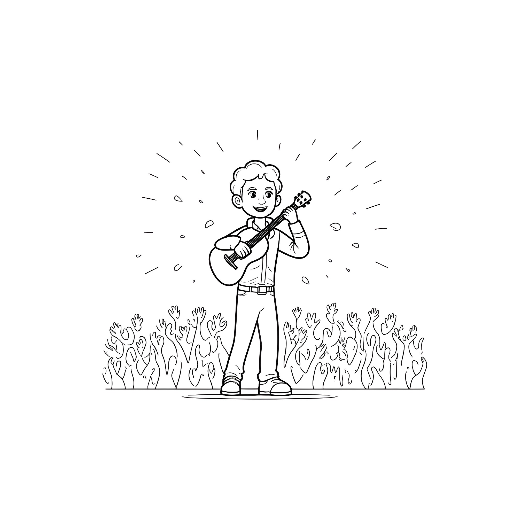 Johnny Cash performing for a crowd of enthusiastic fans Coloring Page (free black-and-white line drawing printable PDF for all, from beginners to advanced learners, including children, teens, adults, and seniors)