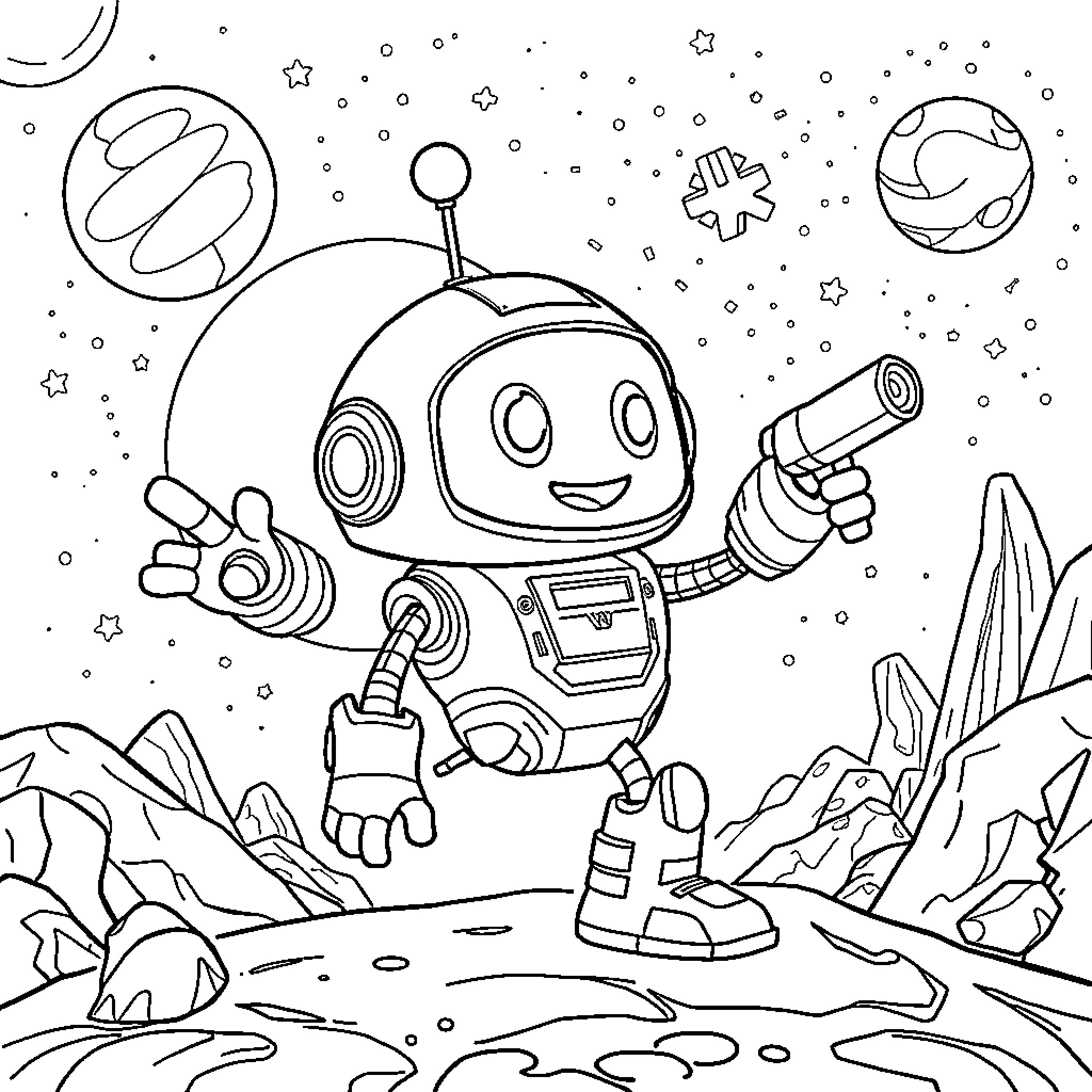 Astro Bot exploring the cosmic landscape Coloring Page (free black-and-white line drawing printable PDF for all, from beginners to advanced learners, including children, teens, adults, and seniors)