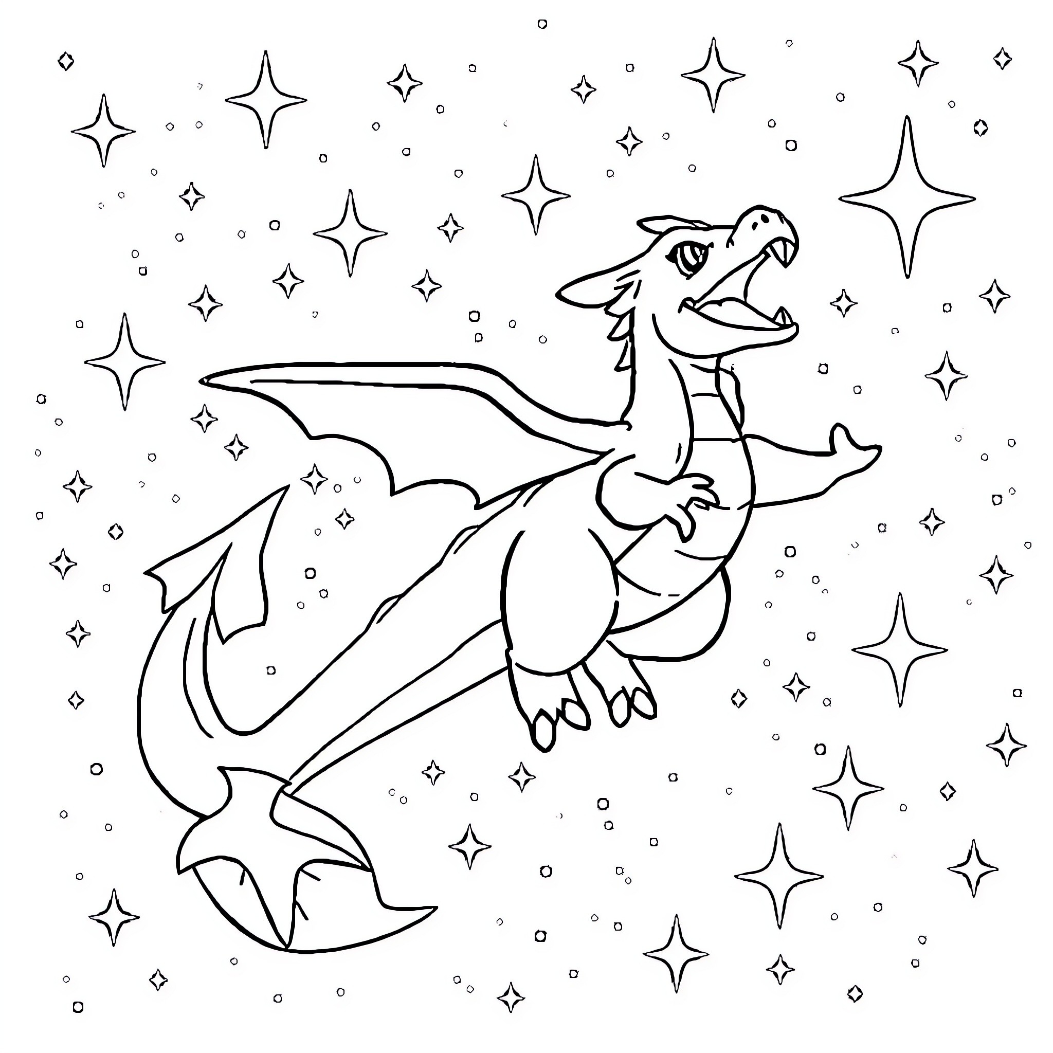 Charizard soaring amidst twinkling stars Coloring Page (free black-and-white line drawing printable PDF for all, from beginners to advanced learners, including children, teens, adults, and seniors)