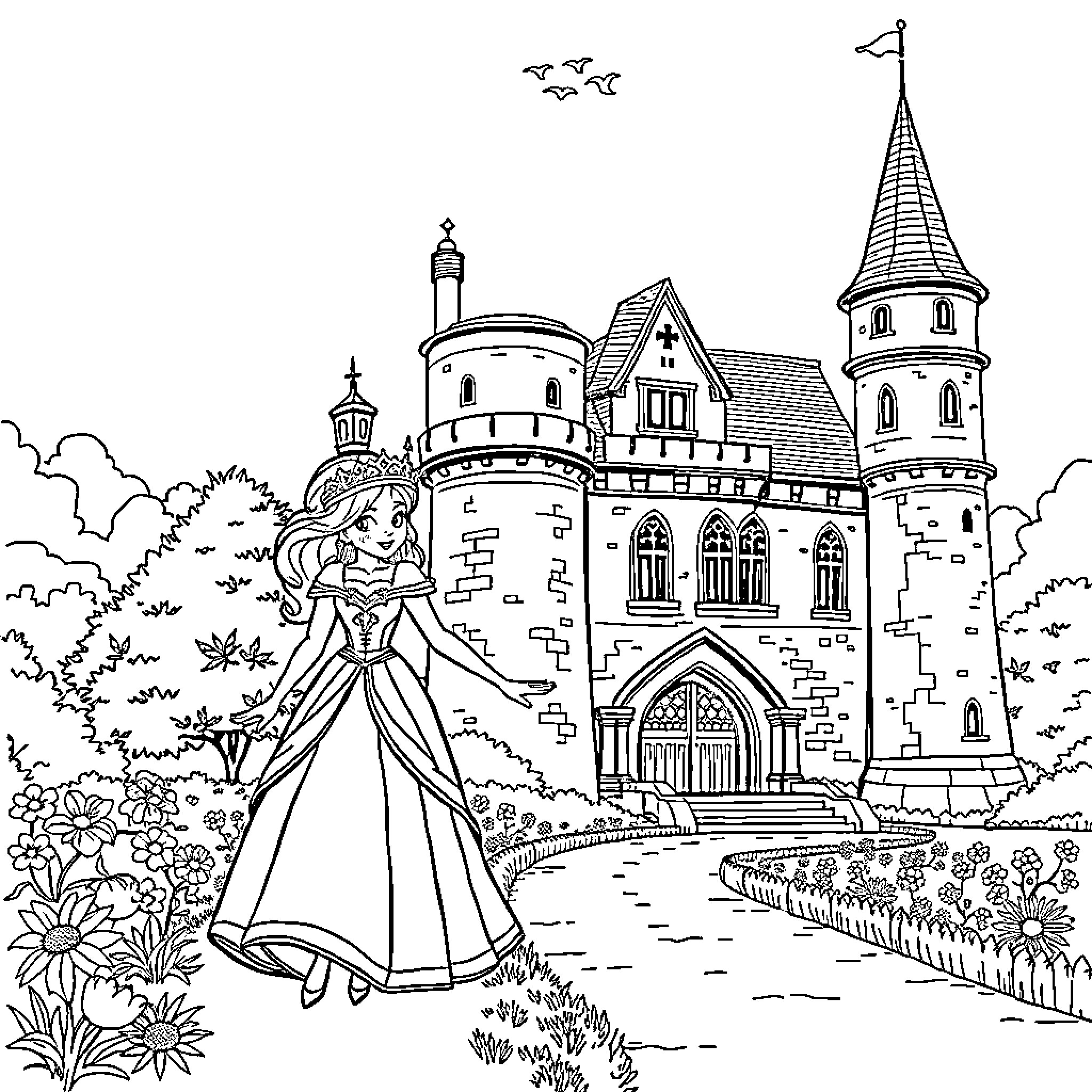 Princess Exploring the Enchanting Castle Grounds Coloring Page (free black-and-white line drawing printable PDF for all, from beginners to advanced learners, including children, teens, adults, and seniors)