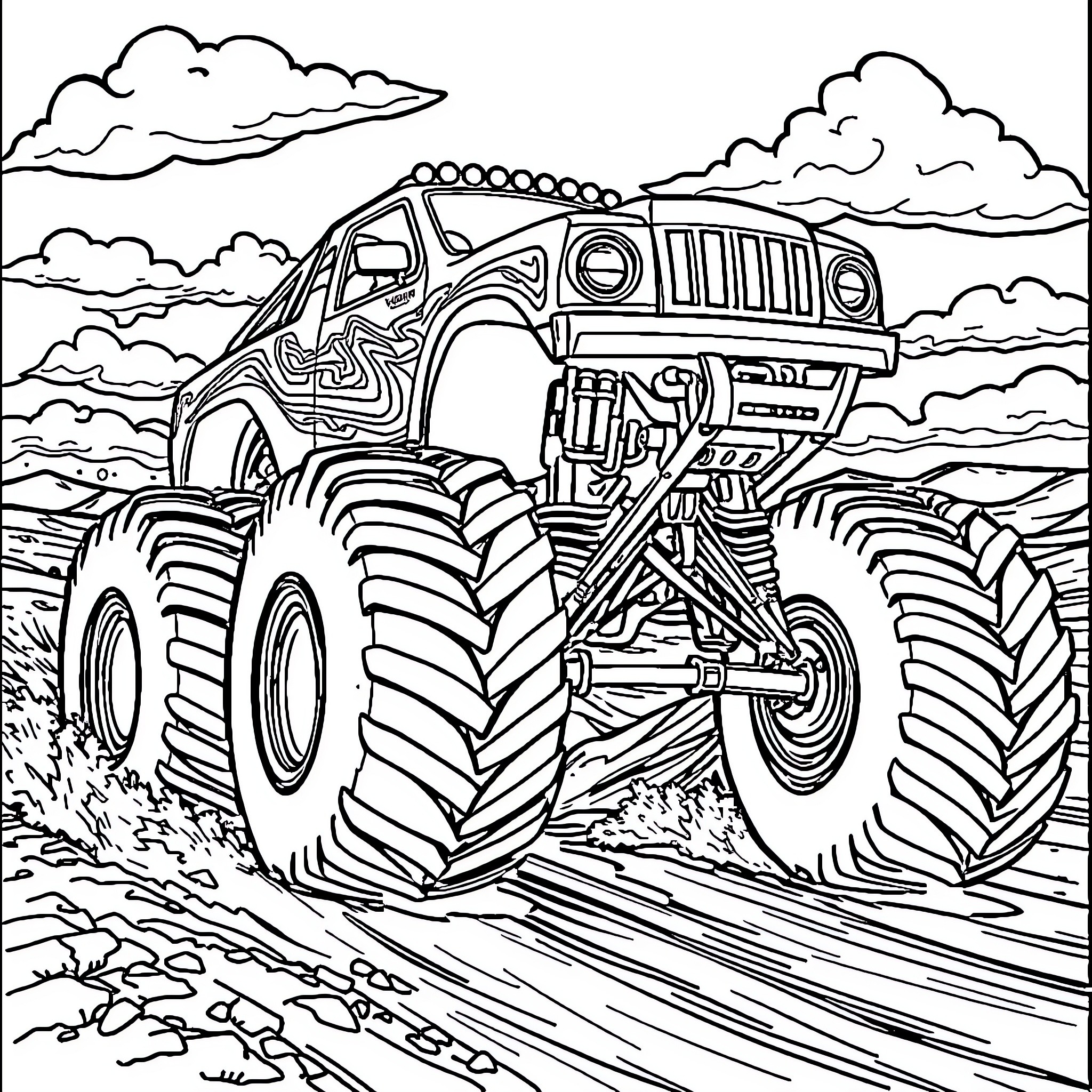 Monster Truck Racing Through Rugged Terrain Coloring Page (free black-and-white line drawing printable PDF for all, from beginners to advanced learners, including children, teens, adults, and seniors)
