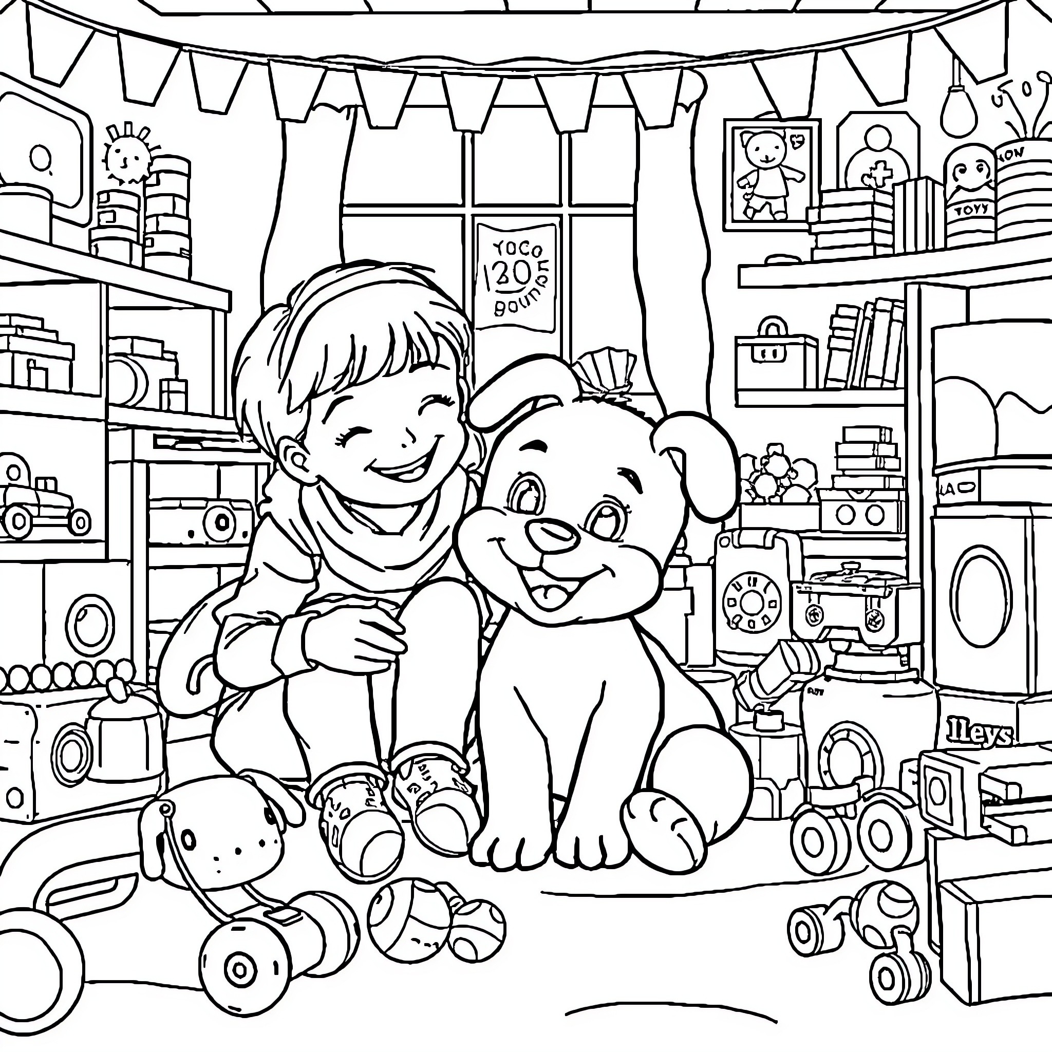 Bluey's Playful Adventure in the Toy Room Coloring Page (free black-and-white line drawing printable PDF for all, from beginners to advanced learners, including children, teens, adults, and seniors)