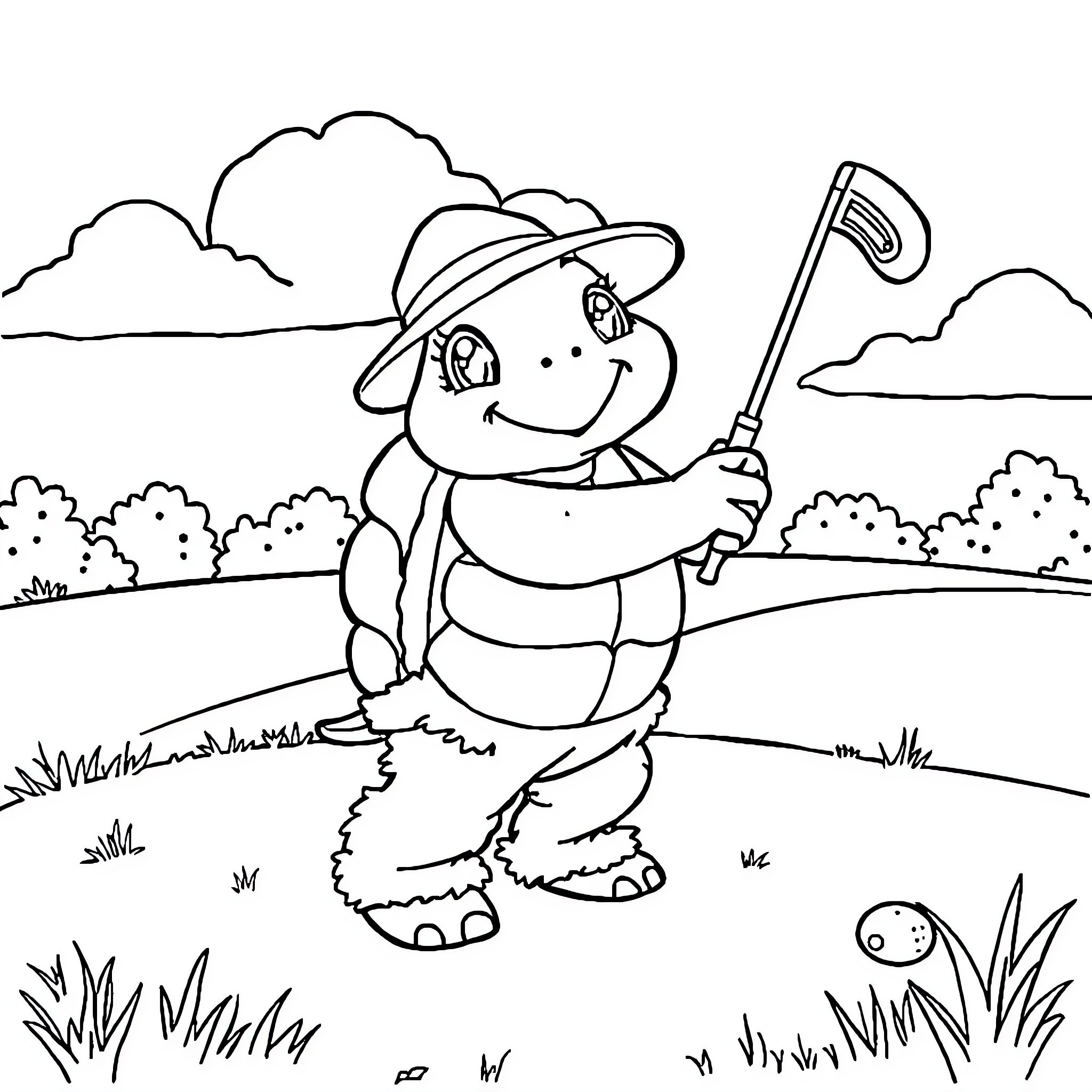 Turtle going on an adventure with a gardening tool Coloring Page (free black-and-white line drawing printable PDF for all, from beginners to advanced learners, including children, teens, adults, and seniors)