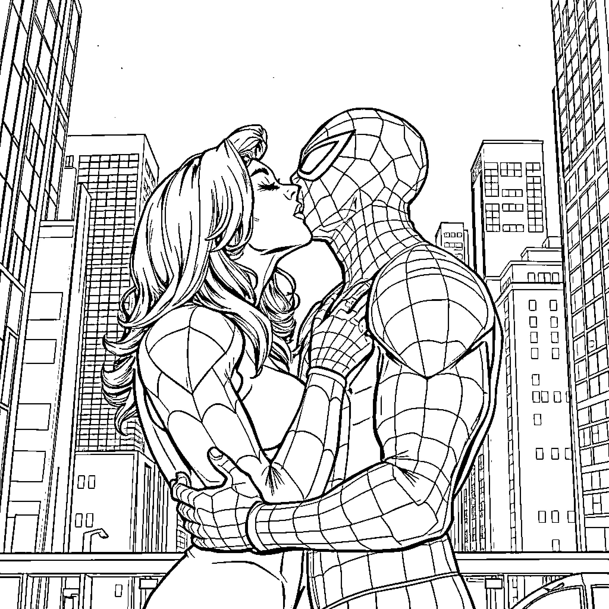 Spider-Man embracing a woman in a city skyline Coloring Page (free black-and-white line drawing printable PDF for all, from beginners to advanced learners, including children, teens, adults, and seniors)