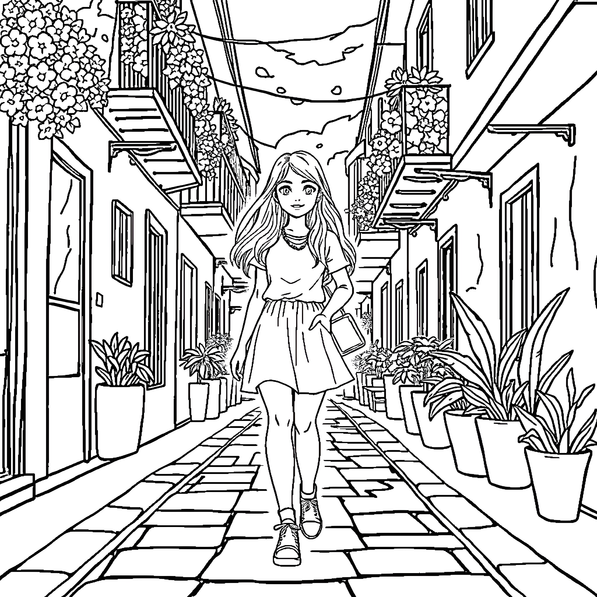 Girl Strolling Through Vibrant Alley Coloring Page (free black-and-white line drawing printable PDF for all, from beginners to advanced learners, including children, teens, adults, and seniors)