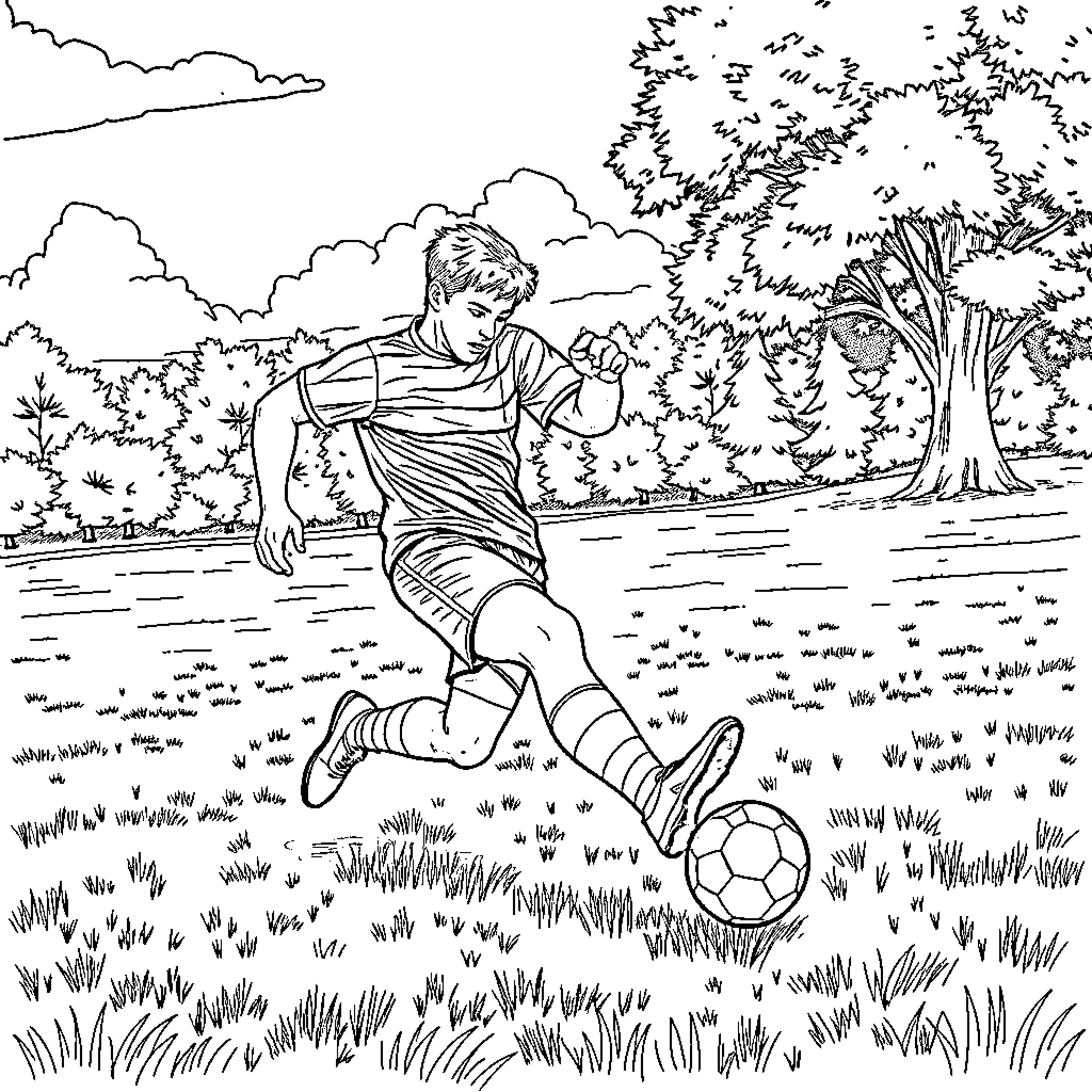 Chris Redfield playing soccer in the park Coloring Page (free black-and-white line drawing printable PDF for all, from beginners to advanced learners, including children, teens, adults, and seniors)