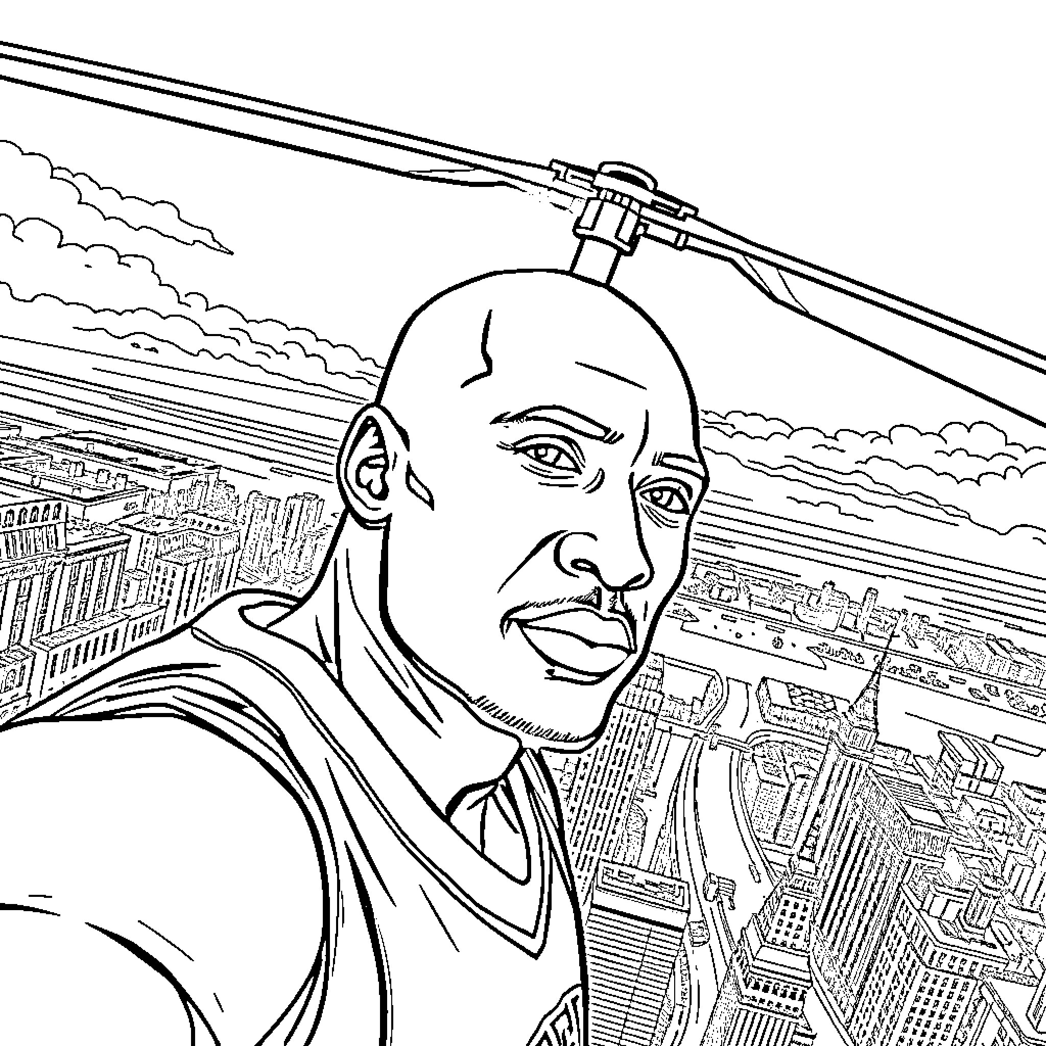 Kobe Bryant - Portrait in Black and White Coloring Page (free black-and-white line drawing printable PDF for all, from beginners to advanced learners, including children, teens, adults, and seniors)