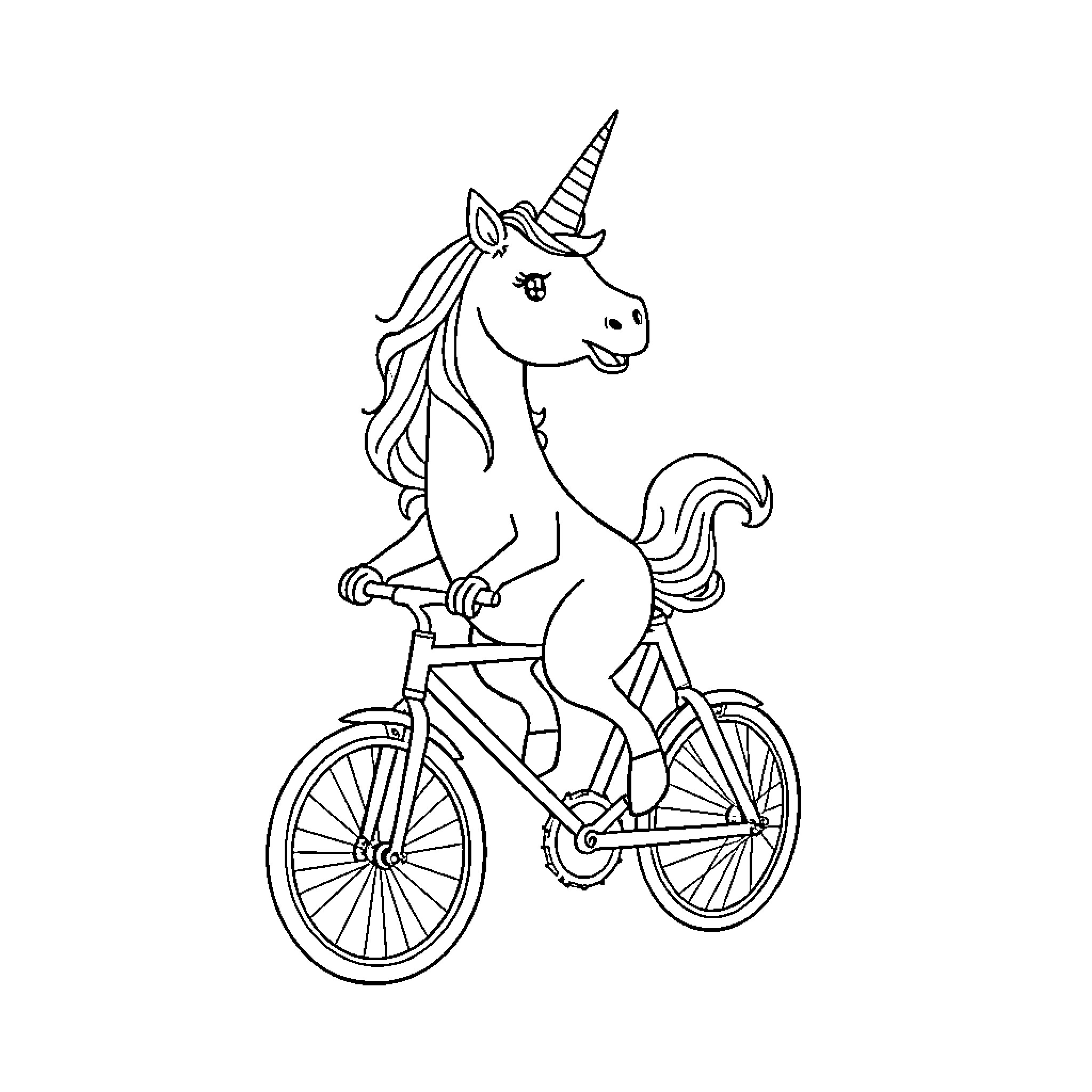 Unicorn riding a bicycle with enthusiasm Coloring Page (free black-and-white line drawing printable PDF for all, from beginners to advanced learners, including children, teens, adults, and seniors)