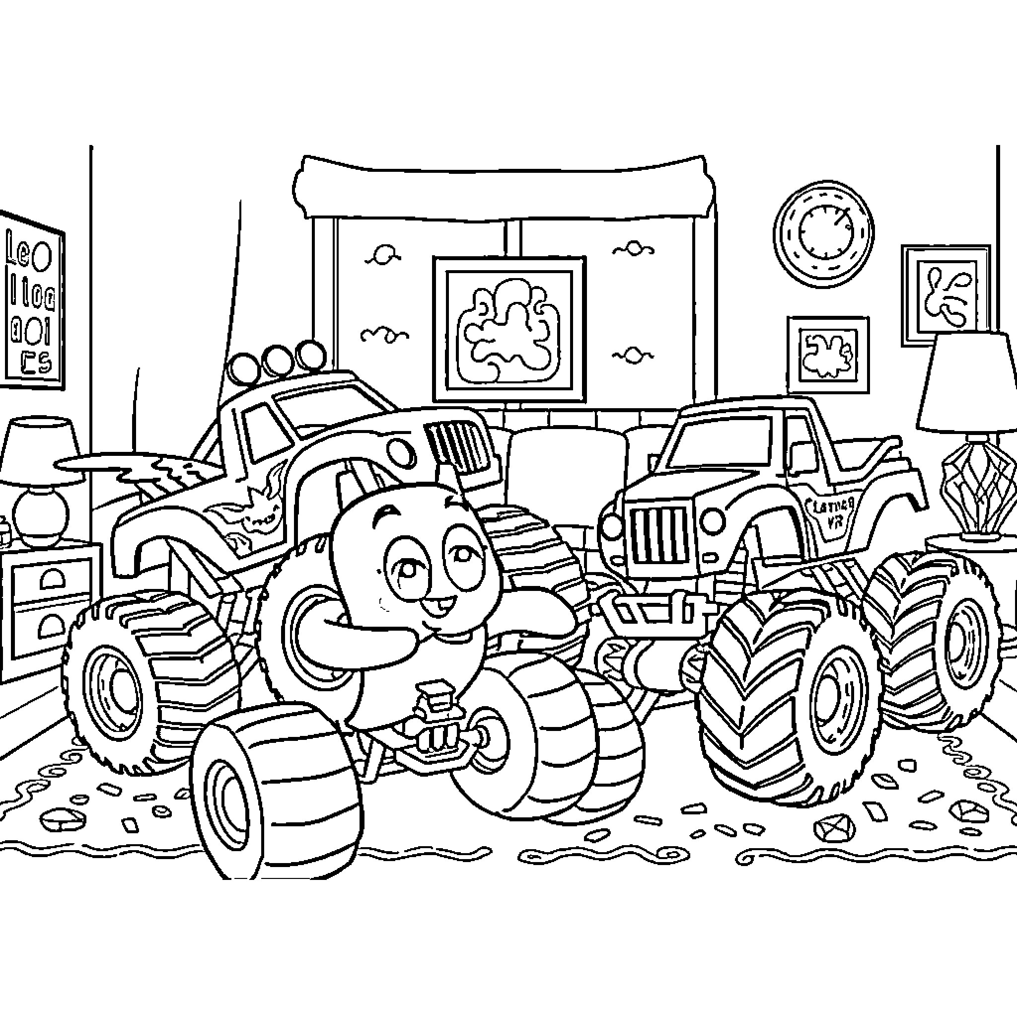 Bluey's Monster Truck Adventure in the Room Coloring Page (free black-and-white line drawing printable PDF for all, from beginners to advanced learners, including children, teens, adults, and seniors)