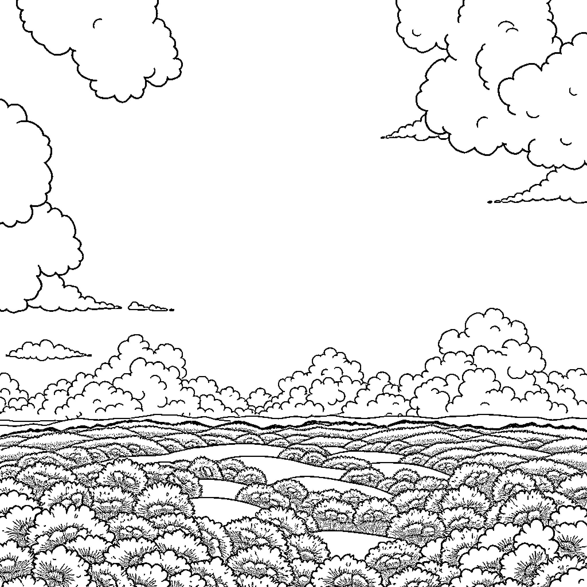 Sky filled with whimsical cloud formations over a rolling landscape Coloring Page (free black-and-white line drawing printable PDF for all, from beginners to advanced learners, including children, teens, adults, and seniors)