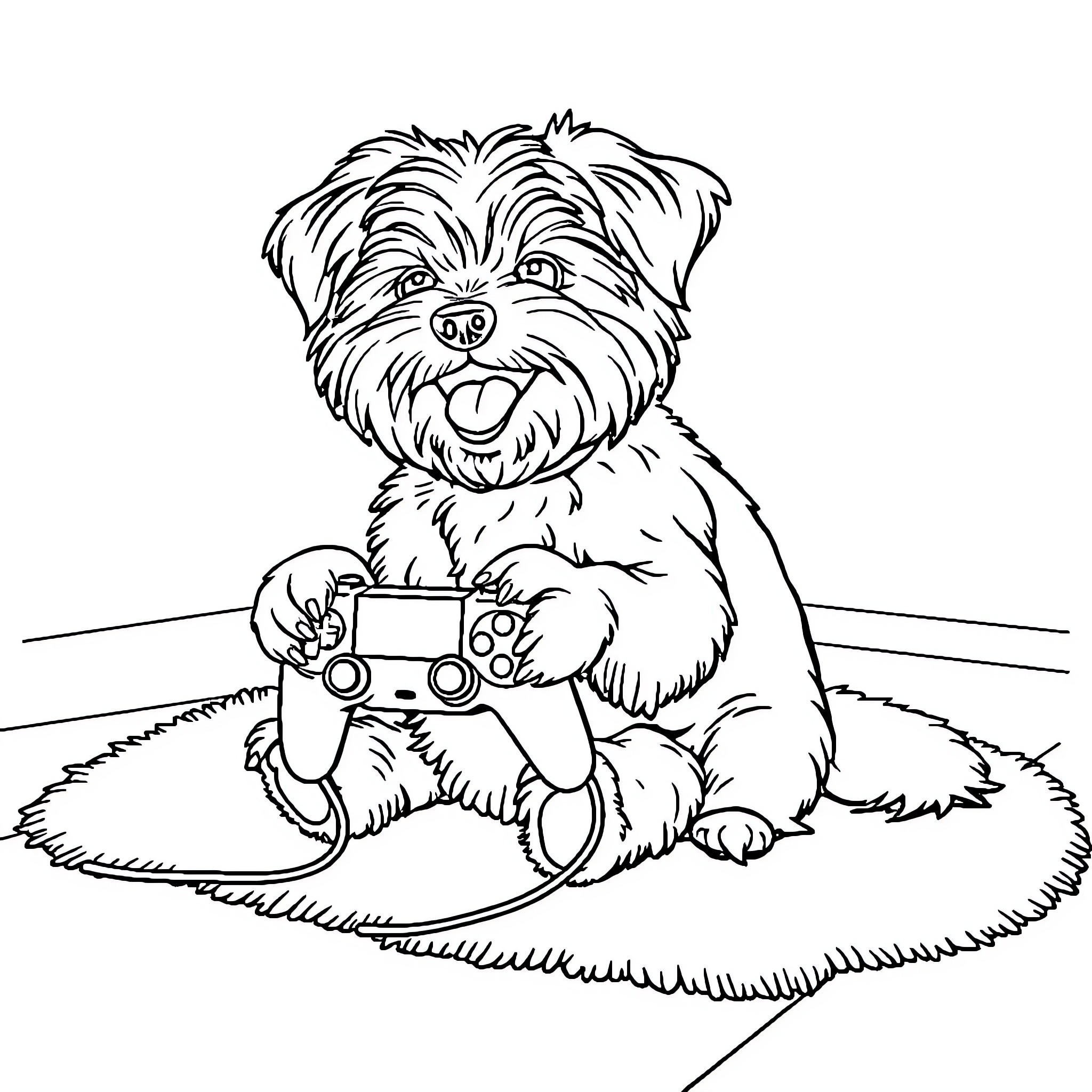 Maltese Puppy Playing with Video Game Controller Coloring Page (free black-and-white line drawing printable PDF for all, from beginners to advanced learners, including children, teens, adults, and seniors)