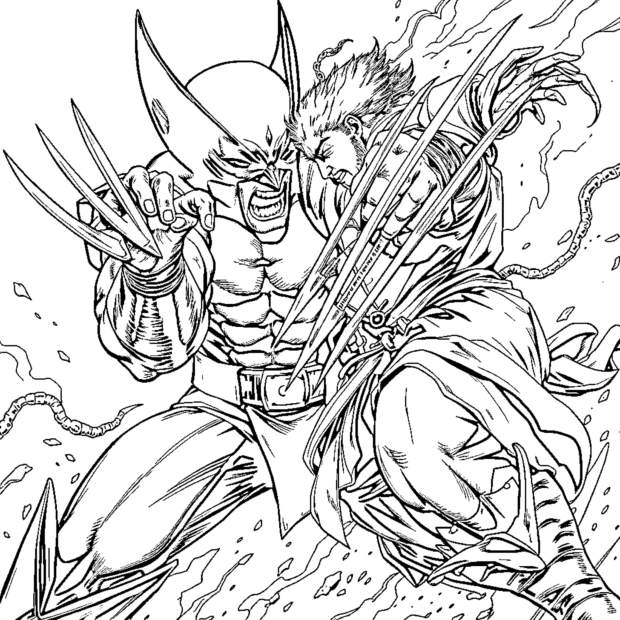 Wolverine's Ferocious Battle Stance Coloring Page (free black-and-white line drawing printable PDF for all, from beginners to advanced learners, including children, teens, adults, and seniors)