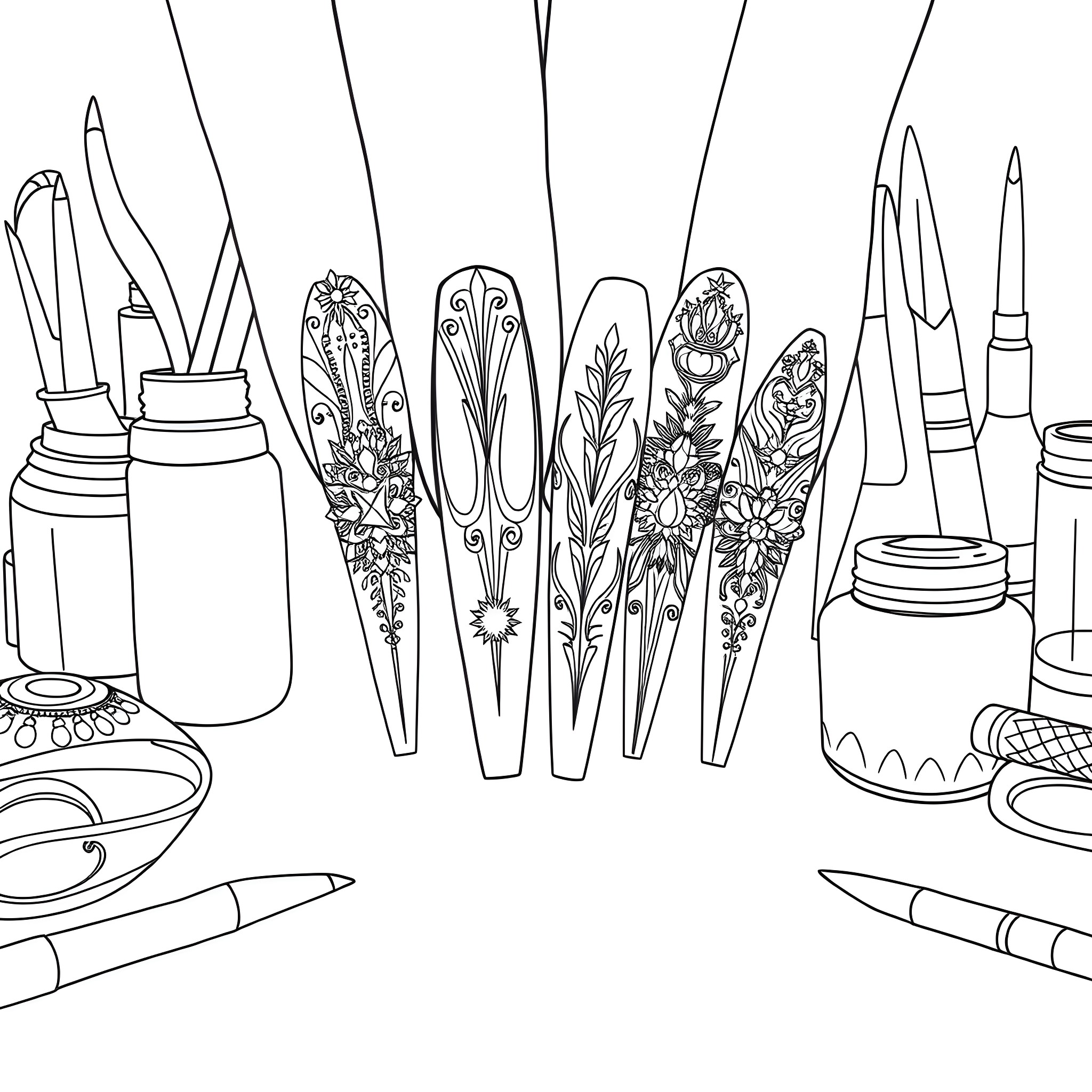 Nail Art Designs with Floral Accents Coloring Page (free black-and-white line drawing printable PDF for all, from beginners to advanced learners, including children, teens, adults, and seniors)