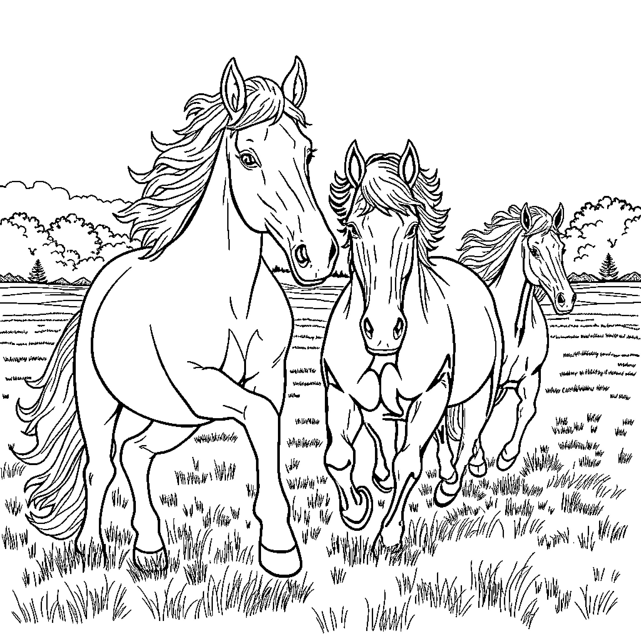 Horses Roaming Freely in Lush Meadow Coloring Page (free black-and-white line drawing printable PDF for all, from beginners to advanced learners, including children, teens, adults, and seniors)