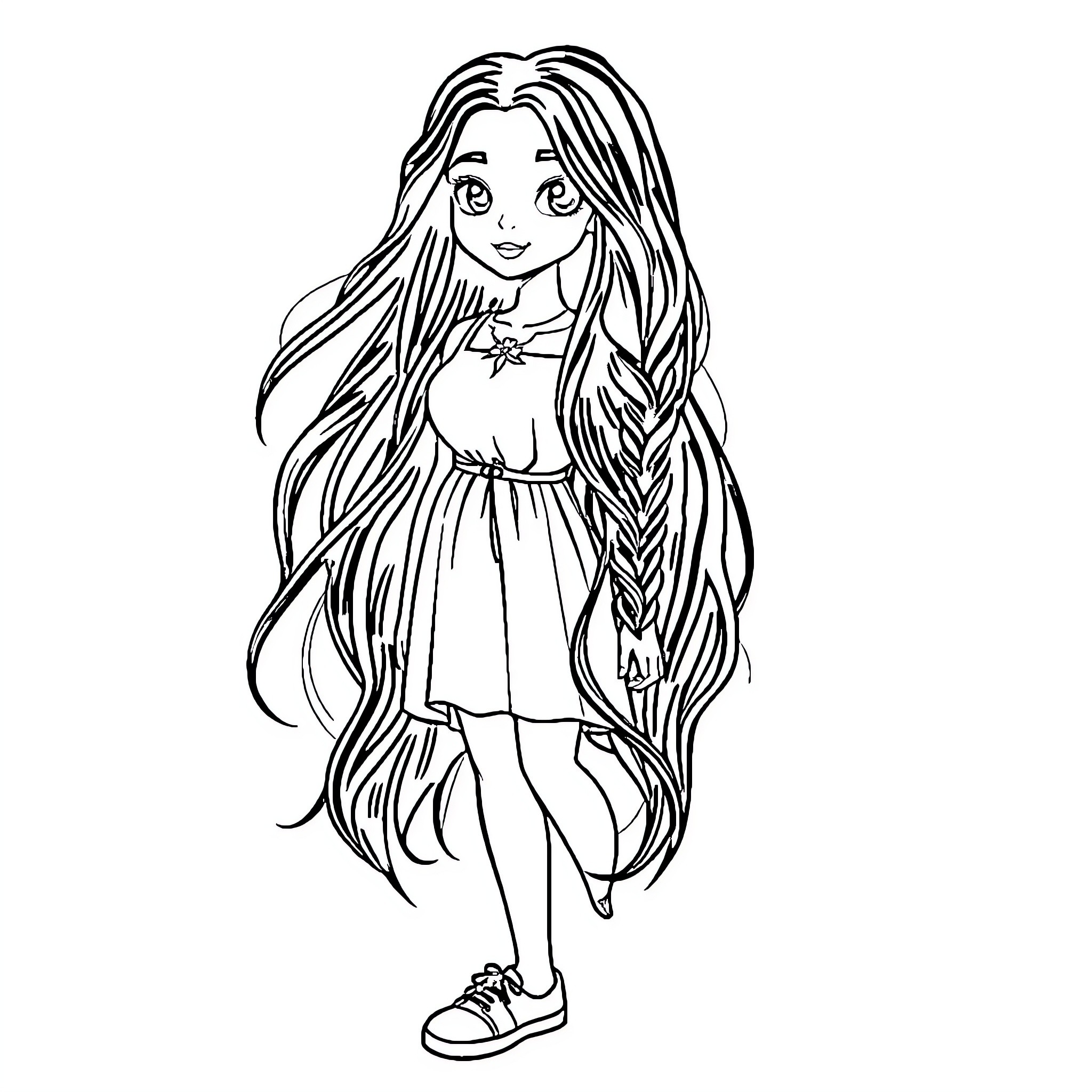 Willow's Enchanting Adventure with Long Flowing Hair Coloring Page (free black-and-white line drawing printable PDF for all, from beginners to advanced learners, including children, teens, adults, and seniors)