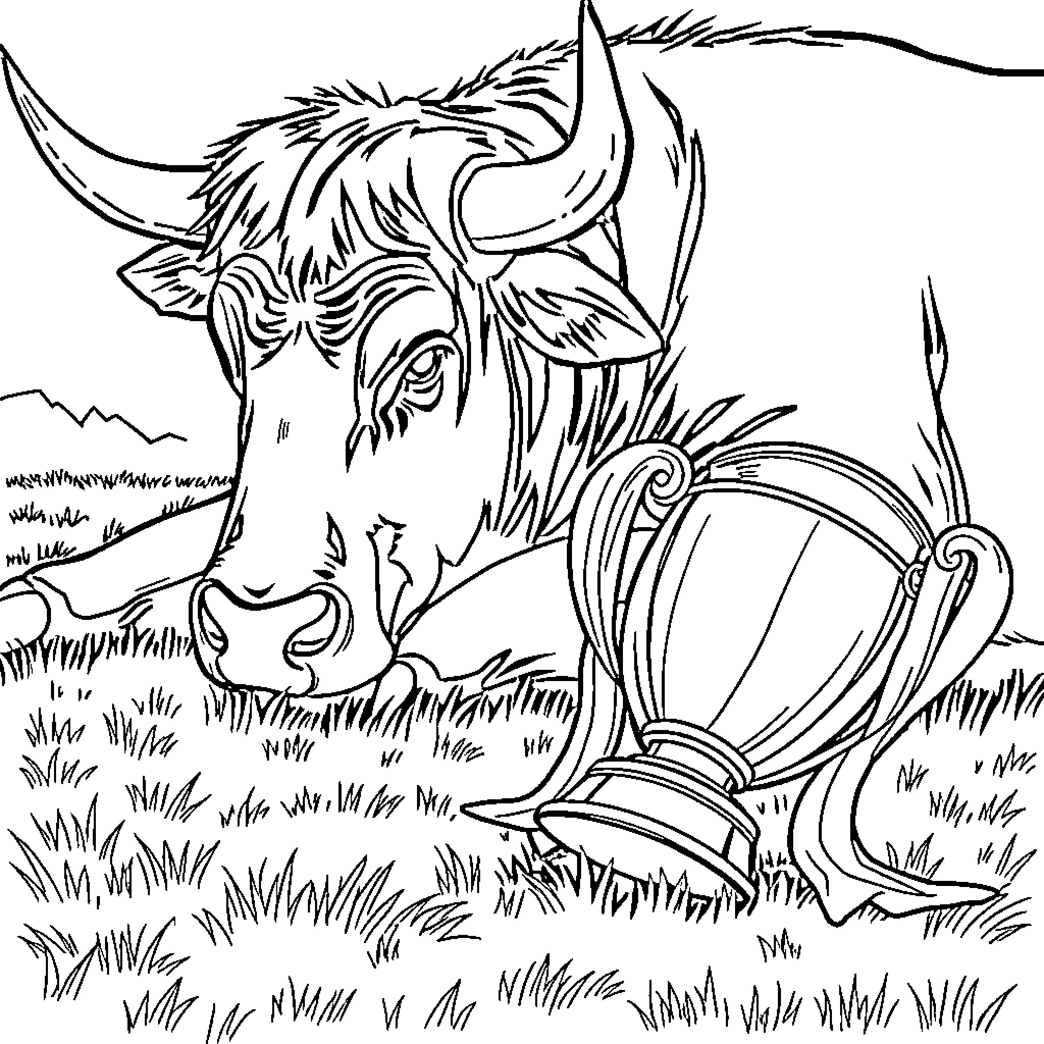 Bull proudly displaying trophy in grassy field Coloring Page (free black-and-white line drawing printable PDF for all, from beginners to advanced learners, including children, teens, adults, and seniors)