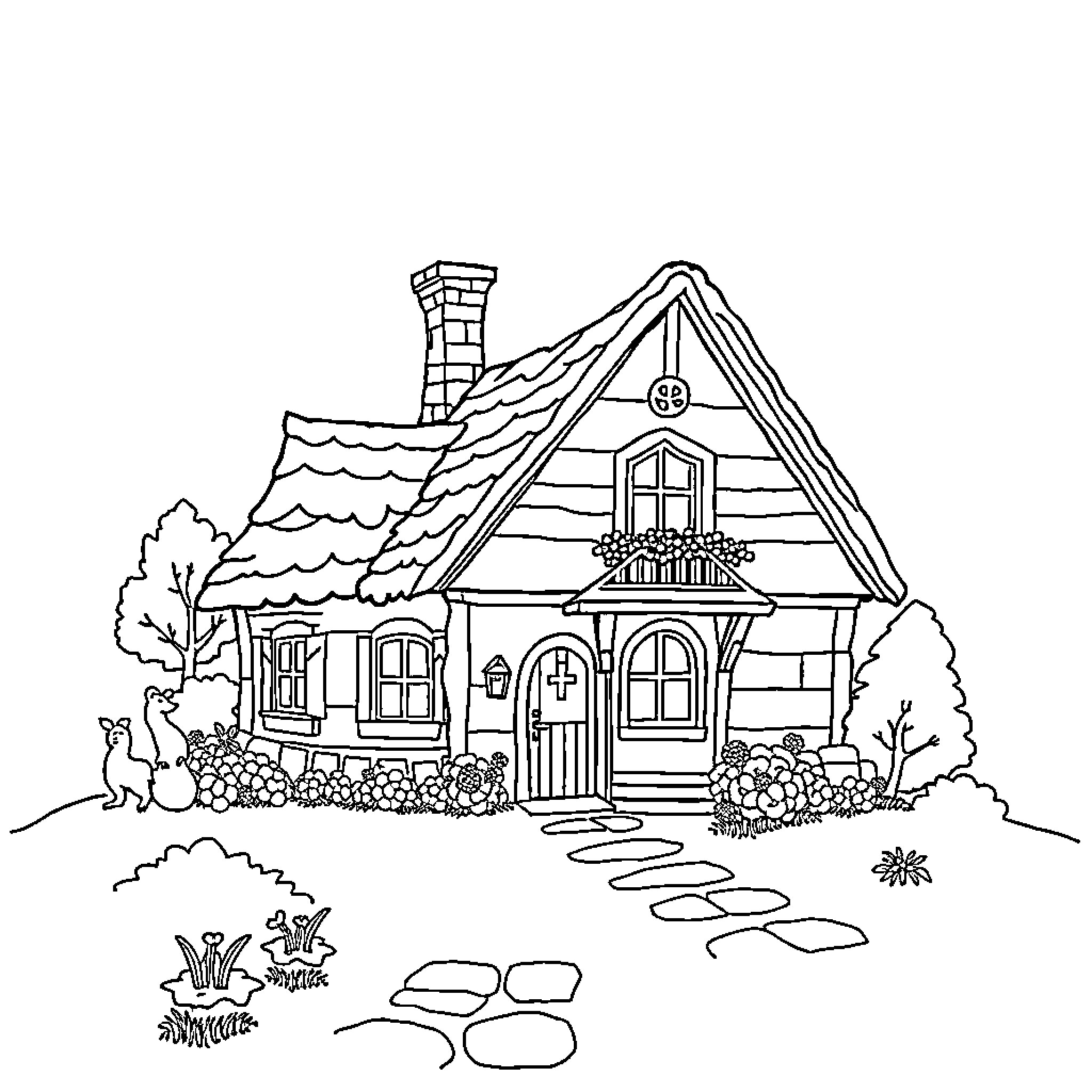 House with whimsical architectural features Coloring Page (free black-and-white line drawing printable PDF for all, from beginners to advanced learners, including children, teens, adults, and seniors)