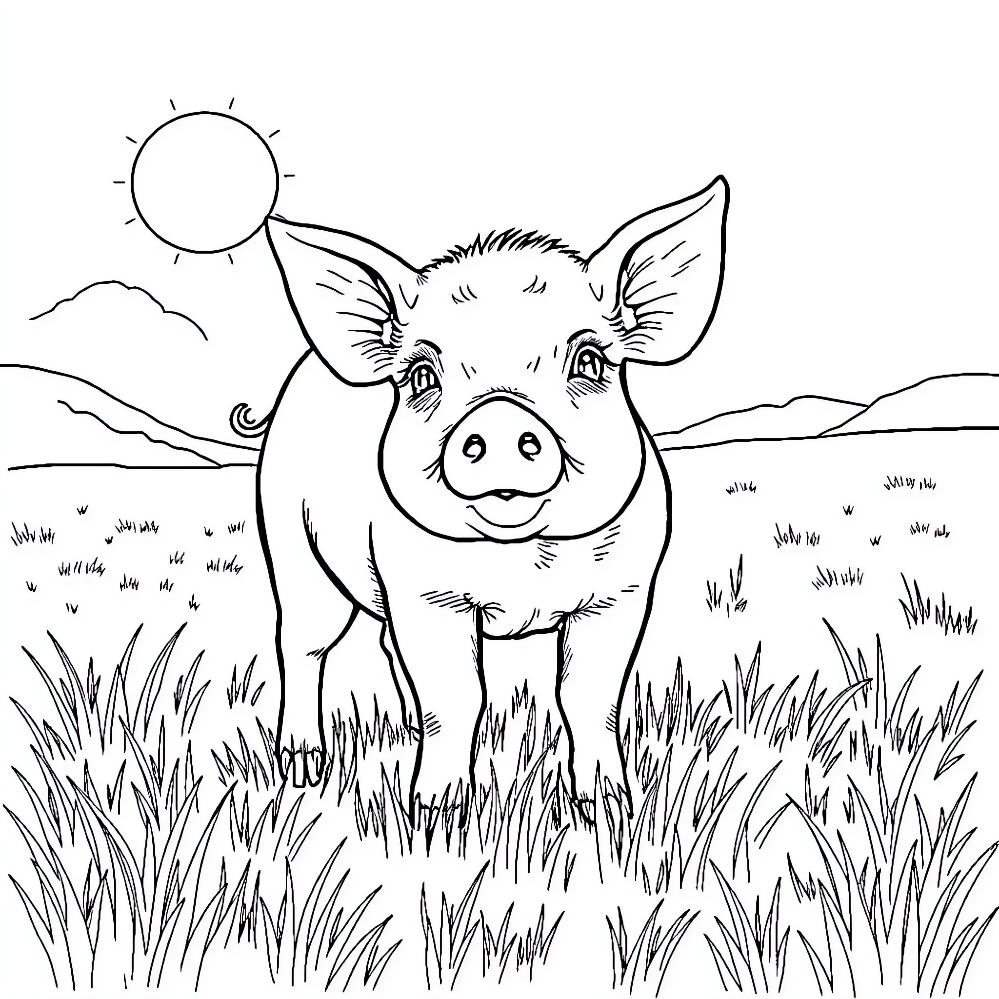 Pig happily enjoying the sunny outdoors Coloring Page (free black-and-white line drawing printable PDF for all, from beginners to advanced learners, including children, teens, adults, and seniors)