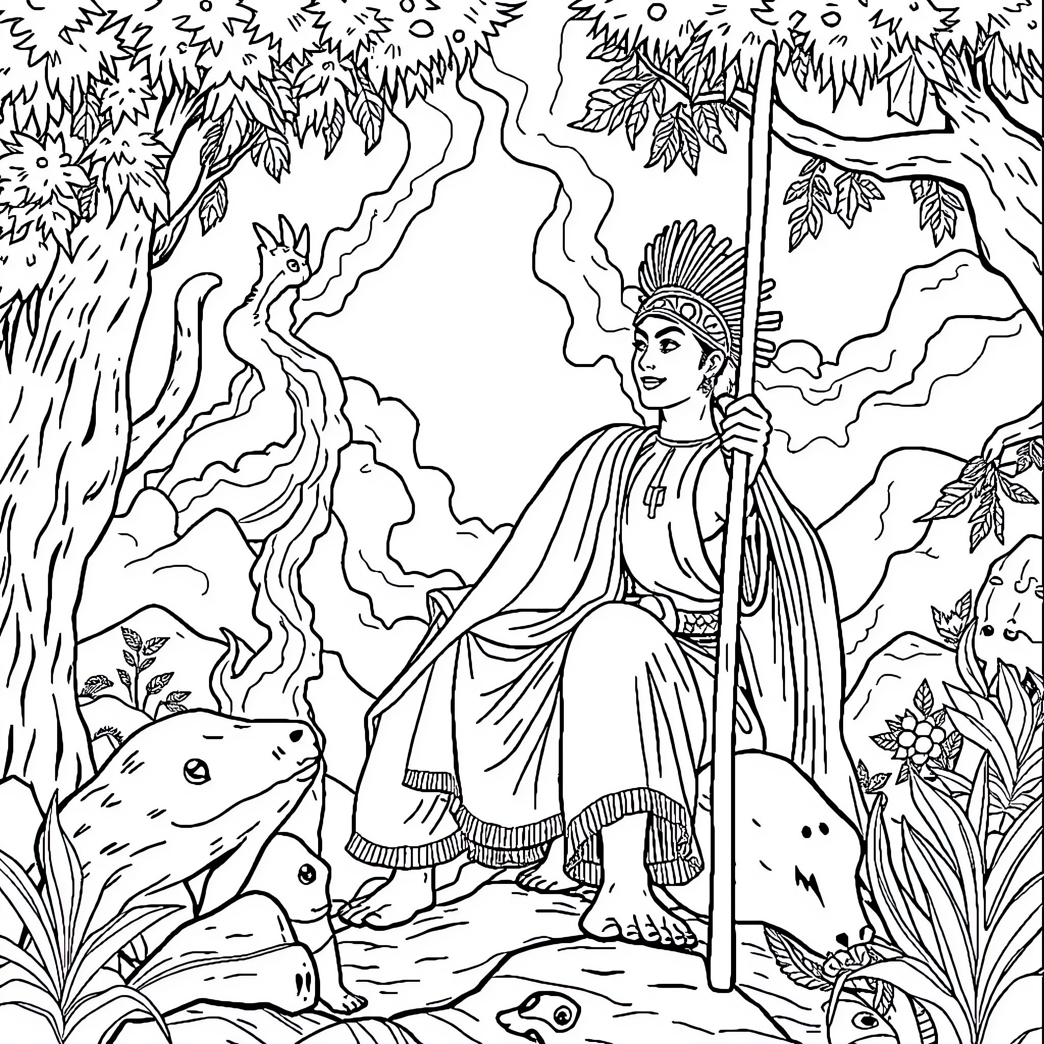Biag ni Lam-ang: Lam-ang's Adventures in the Enchanted Forest Coloring Page (free black-and-white line drawing printable PDF for all, from beginners to advanced learners, including children, teens, adults, and seniors)