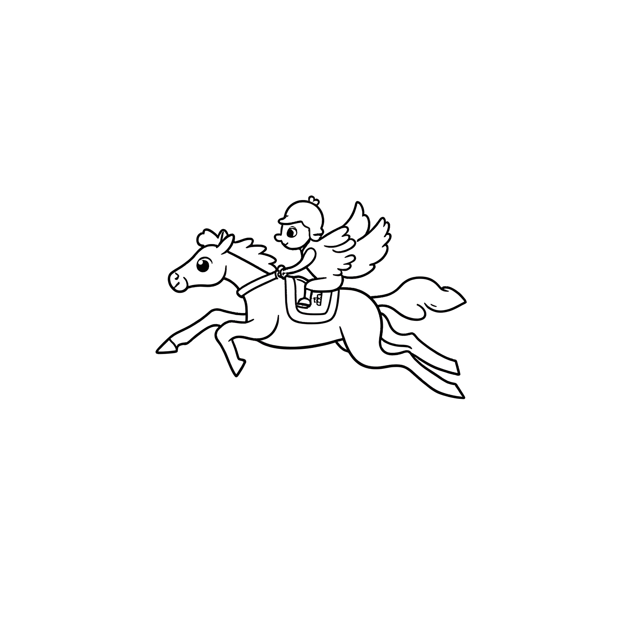 Chicken riding a winged horse Coloring Page (free black-and-white line drawing printable PDF for all, from beginners to advanced learners, including children, teens, adults, and seniors)