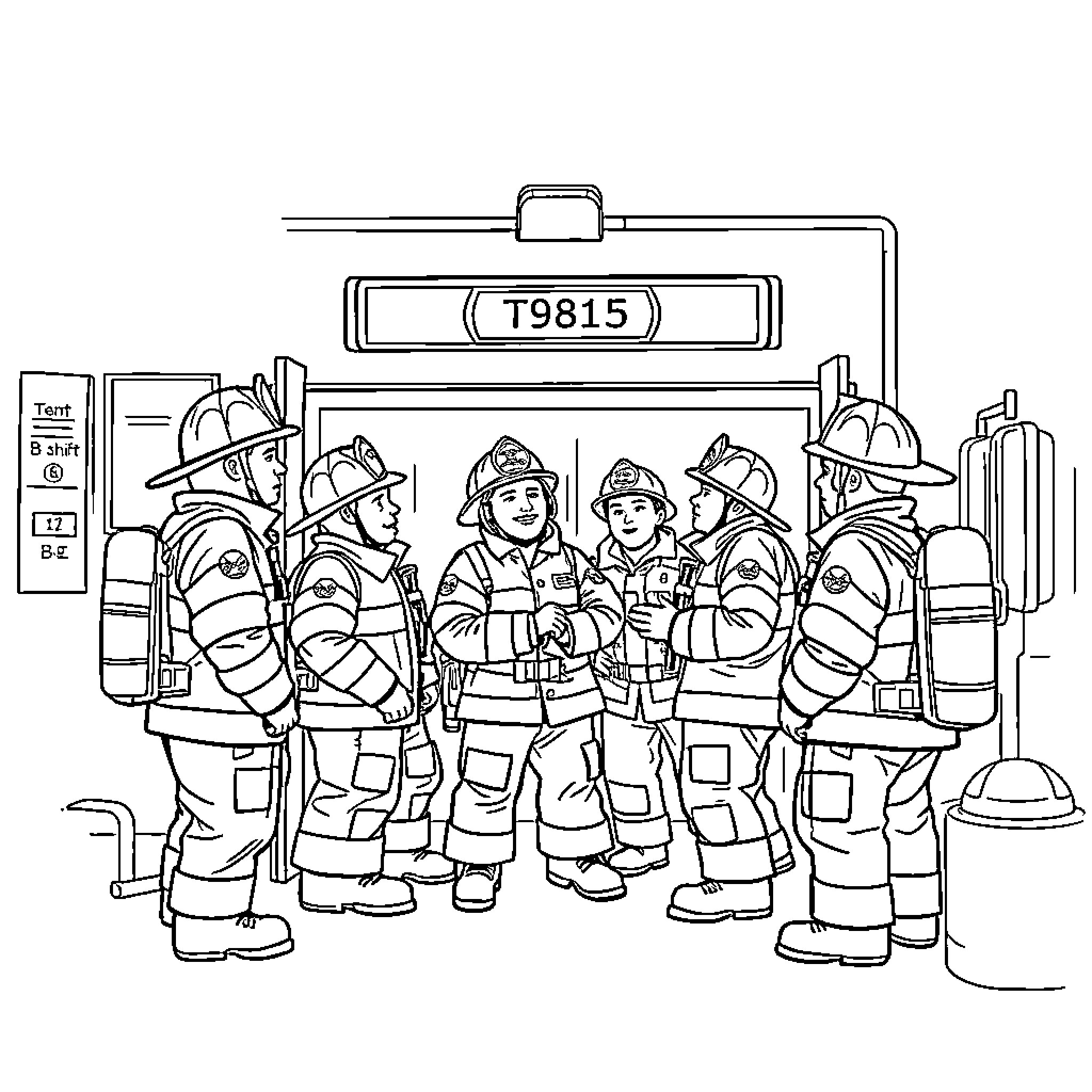 Firefighters responding to an emergency call Coloring Page (free black-and-white line drawing printable PDF for all, from beginners to advanced learners, including children, teens, adults, and seniors)