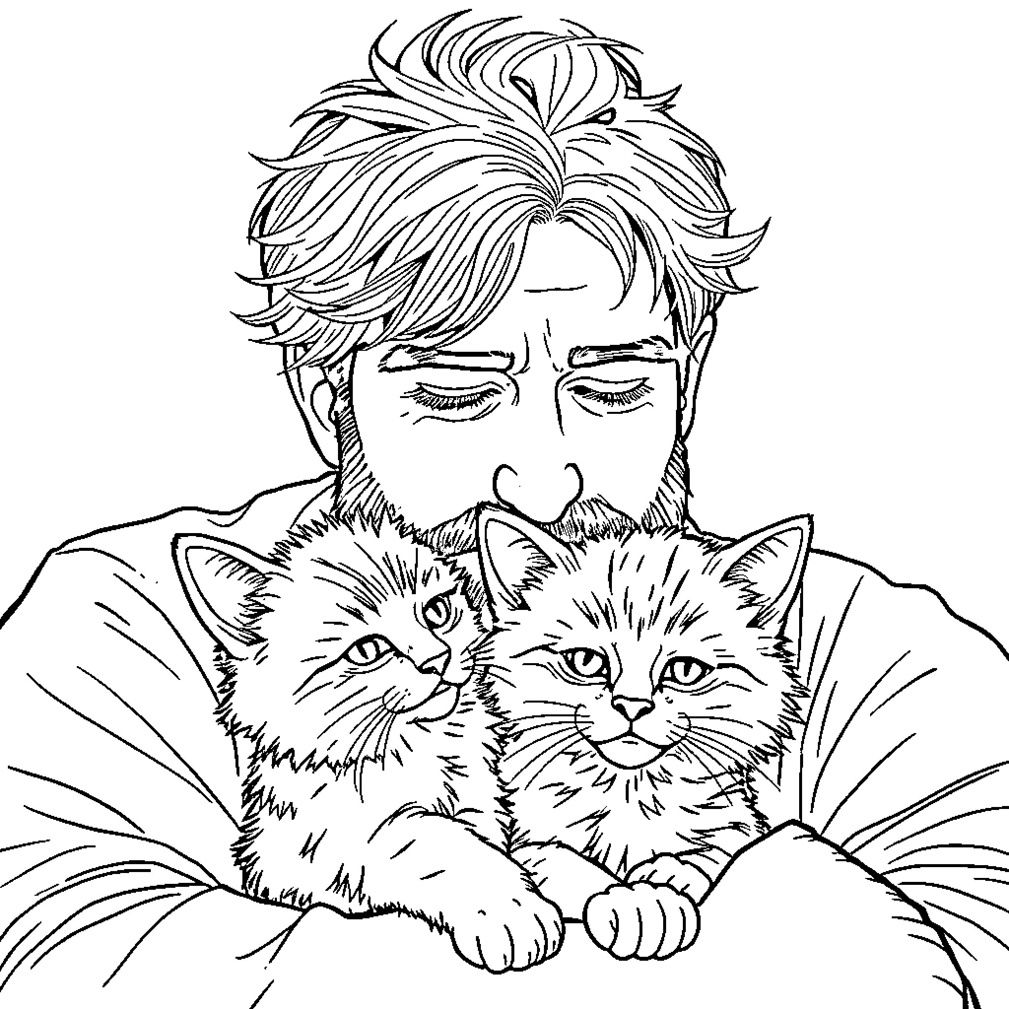 Man cuddling two playful kittens Coloring Page (free black-and-white line drawing printable PDF for all, from beginners to advanced learners, including children, teens, adults, and seniors)