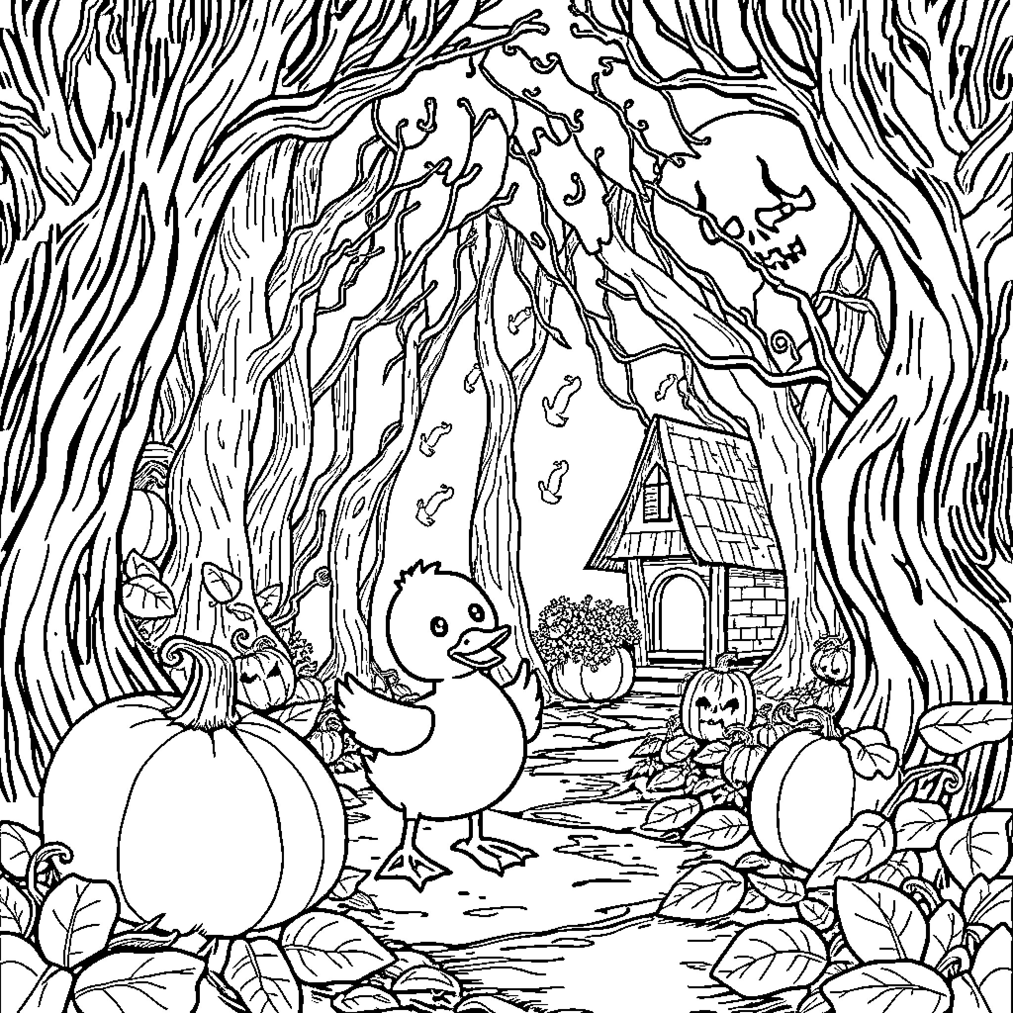 Duckling exploring a spooky fall forest Coloring Page (free black-and-white line drawing printable PDF for all, from beginners to advanced learners, including children, teens, adults, and seniors)