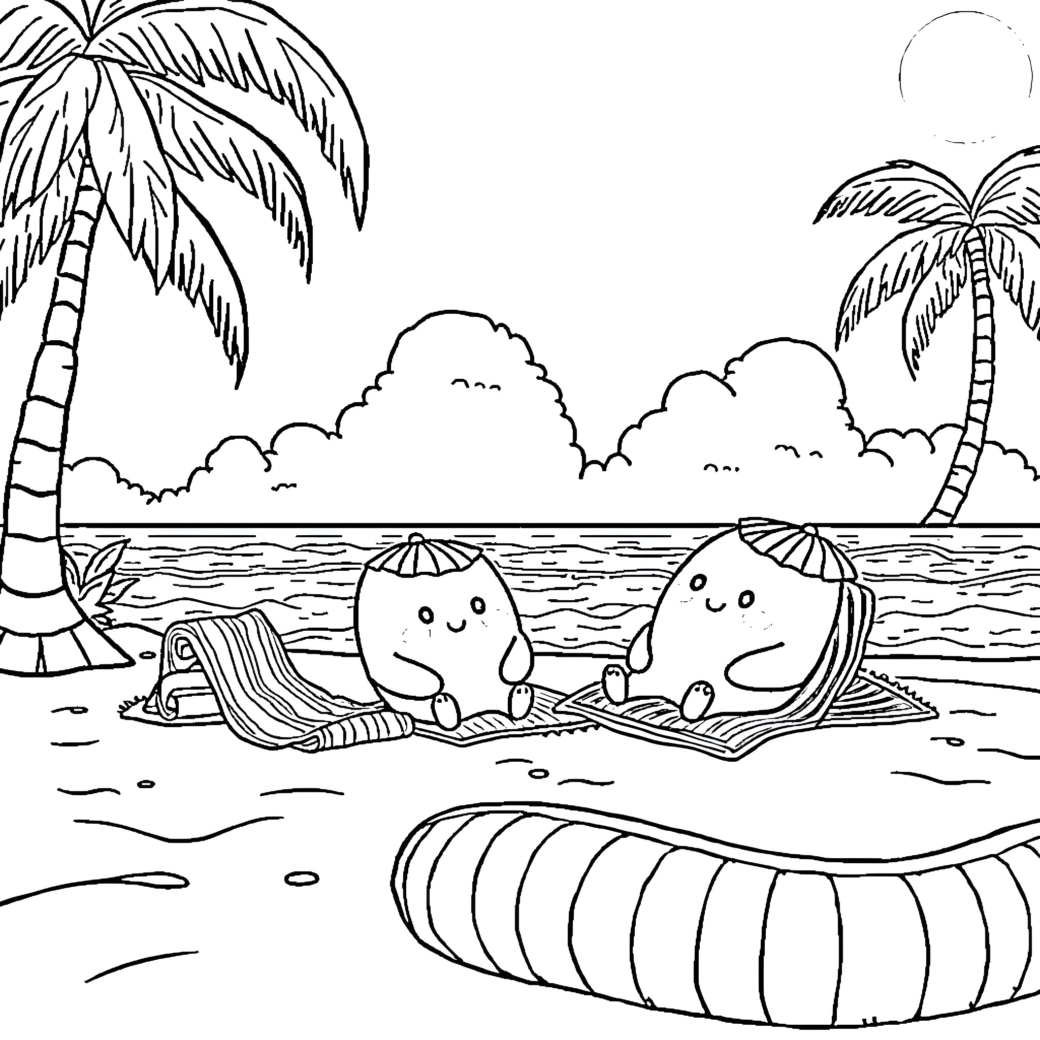 Squishmallows enjoying a day at the beach Coloring Page (free black-and-white line drawing printable PDF for all, from beginners to advanced learners, including children, teens, adults, and seniors)