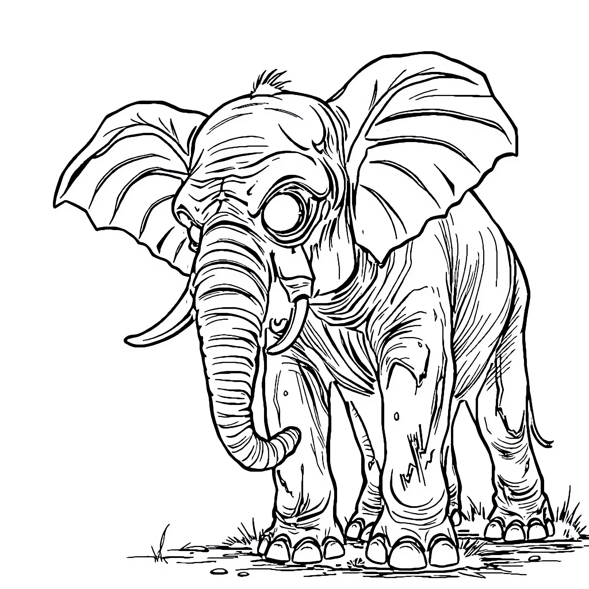 Zombie Elephant Charging Forward Aggressively Coloring Page (free black-and-white line drawing printable PDF for all, from beginners to advanced learners, including children, teens, adults, and seniors)