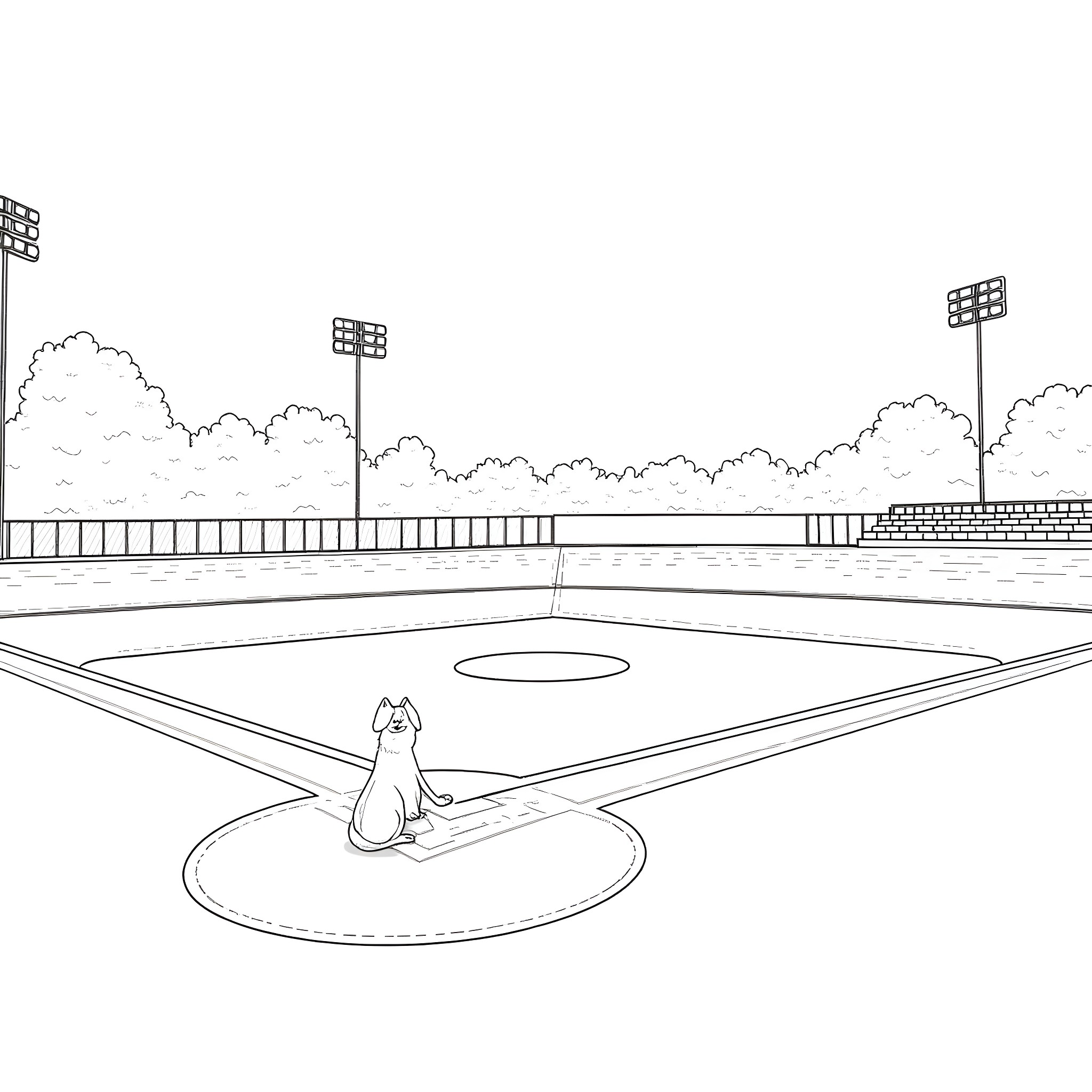 Dog playing alone on baseball field Coloring Page (free black-and-white line drawing printable PDF for all, from beginners to advanced learners, including children, teens, adults, and seniors)