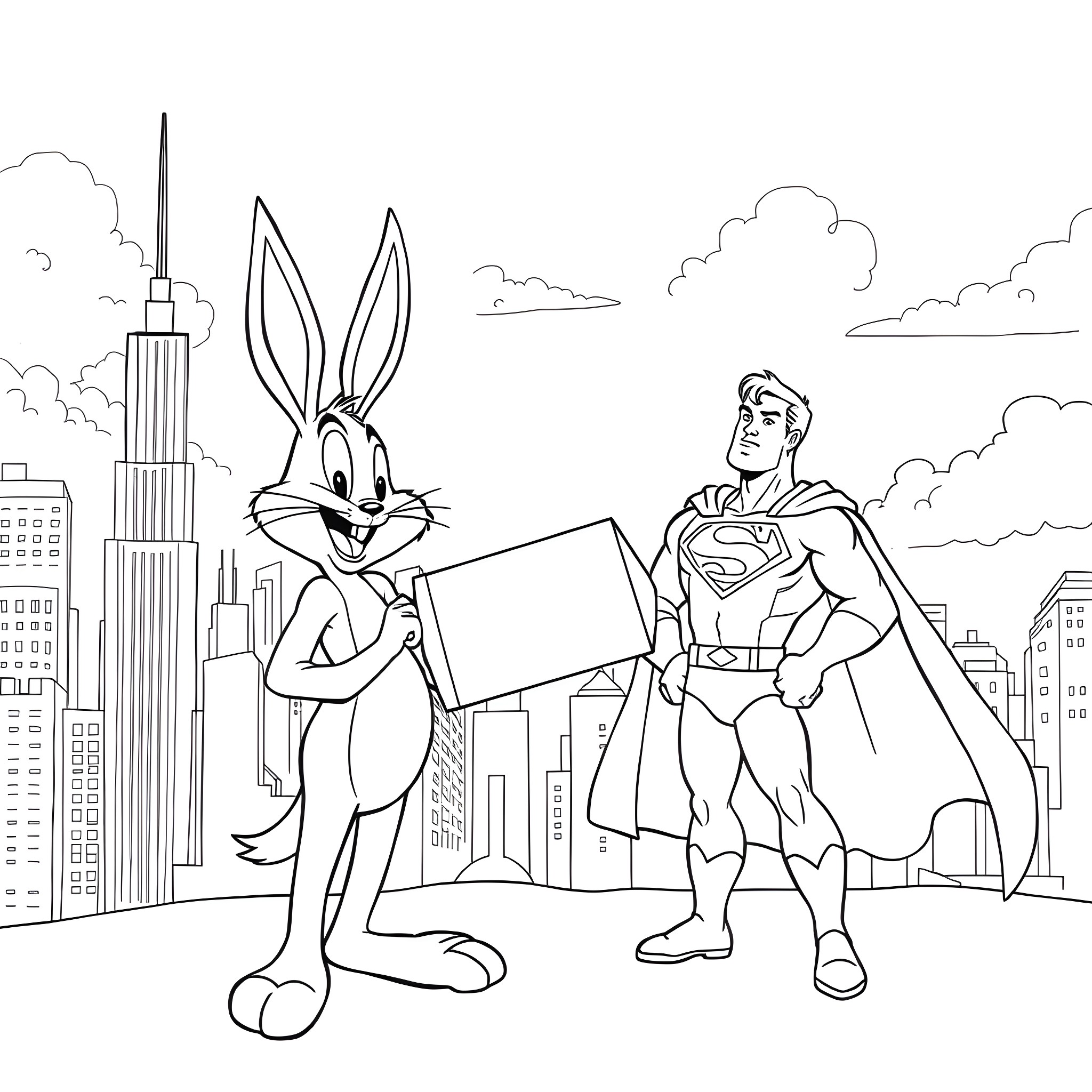 Bugs Bunny meets the mighty superhero in the city Coloring Page (free black-and-white line drawing printable PDF for all, from beginners to advanced learners, including children, teens, adults, and seniors)
