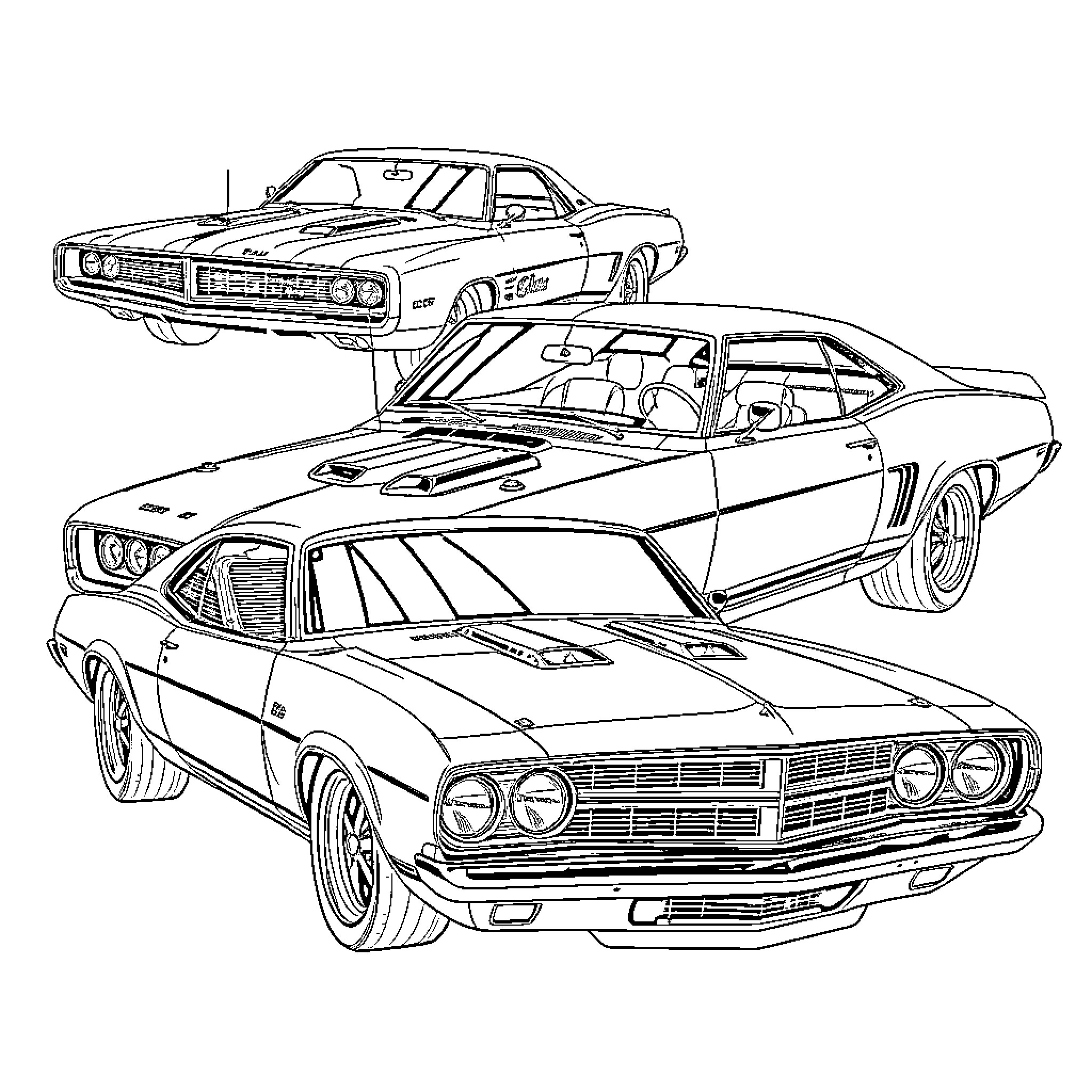Muscle Cars in Action Coloring Page (free black-and-white line drawing printable PDF for all, from beginners to advanced learners, including children, teens, adults, and seniors)