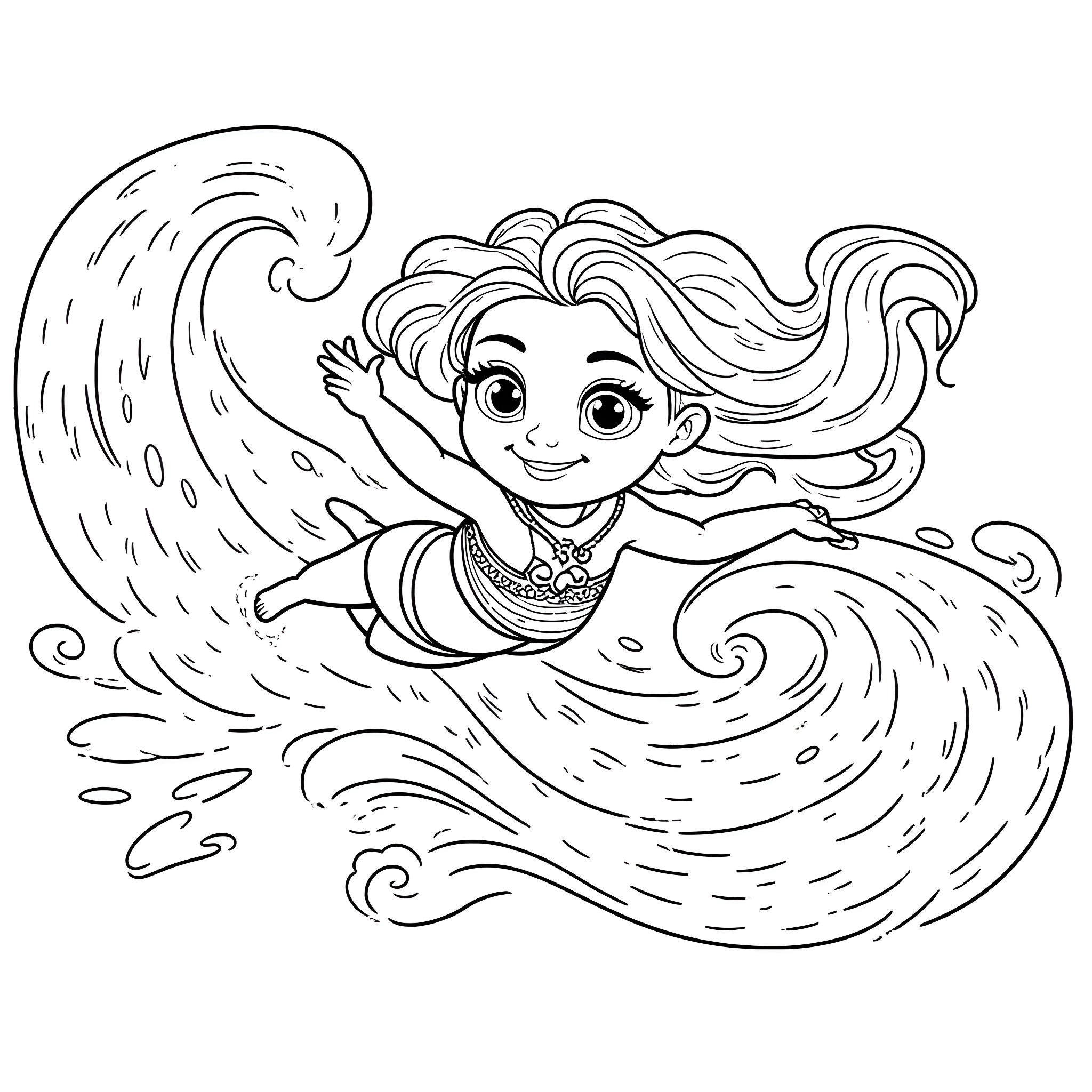 Moana surfing on the ocean waves Coloring Page (free black-and-white line drawing printable PDF for all, from beginners to advanced learners, including children, teens, adults, and seniors)